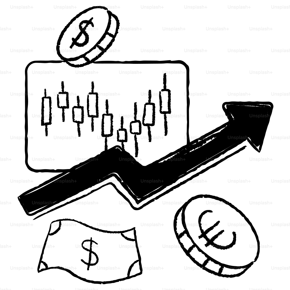 A black and white drawing of a dollar sign and an arrow