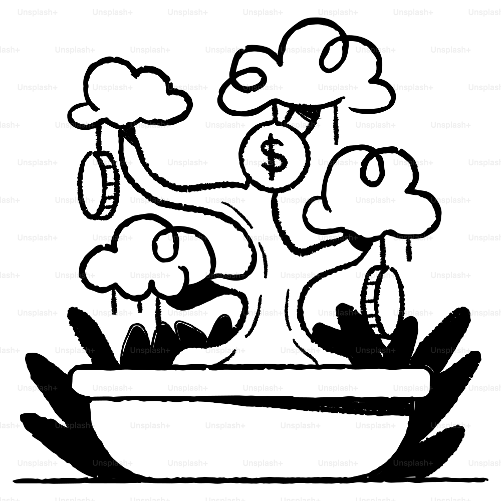 A drawing of a tree with money coming out of it