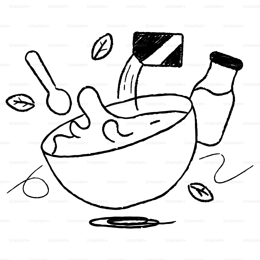 A black and white drawing of a bowl of food