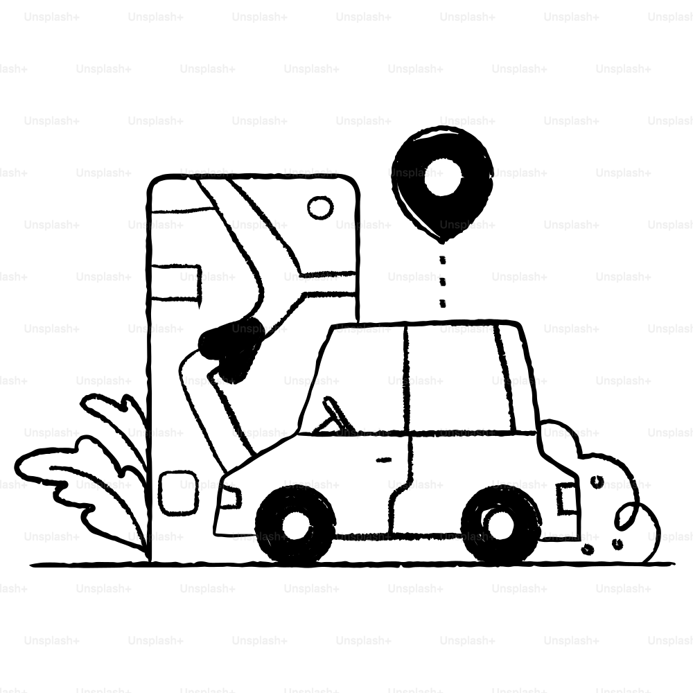 A black and white drawing of a car with a balloon