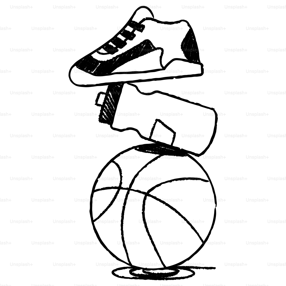 A drawing of a basketball and shoe on top of a ball