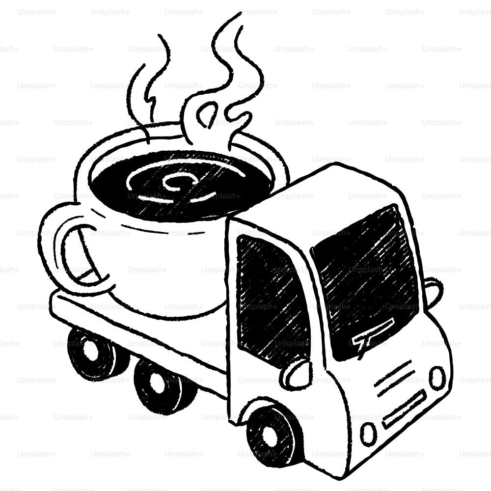 A drawing of a truck with a cup of coffee