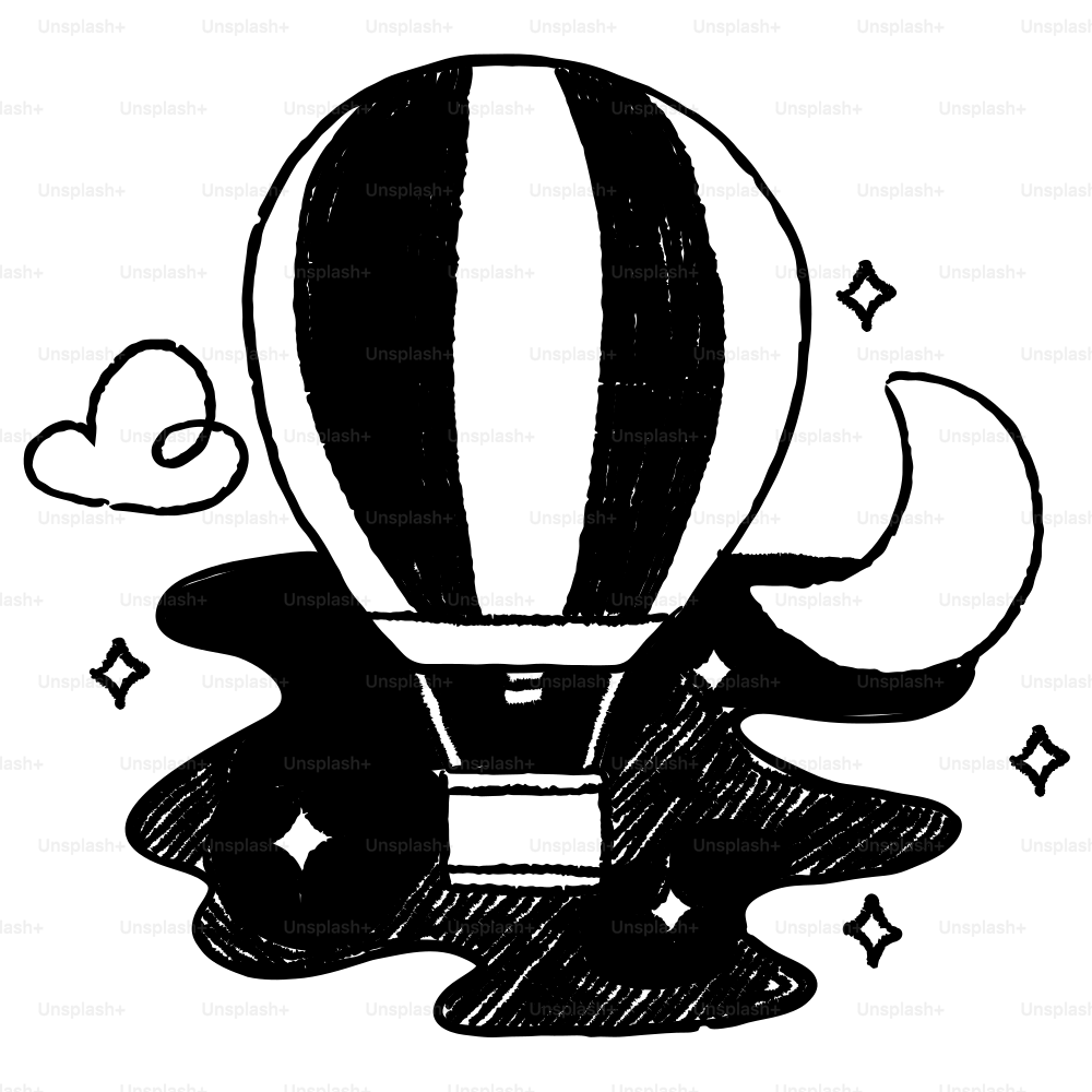 A black and white drawing of a hot air balloon