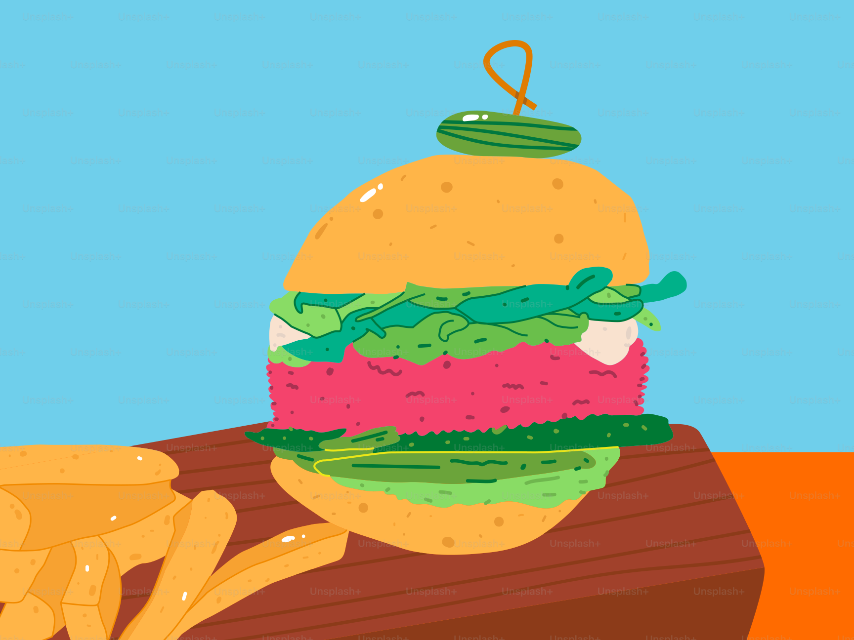 A large hamburger sitting on top of a wooden table