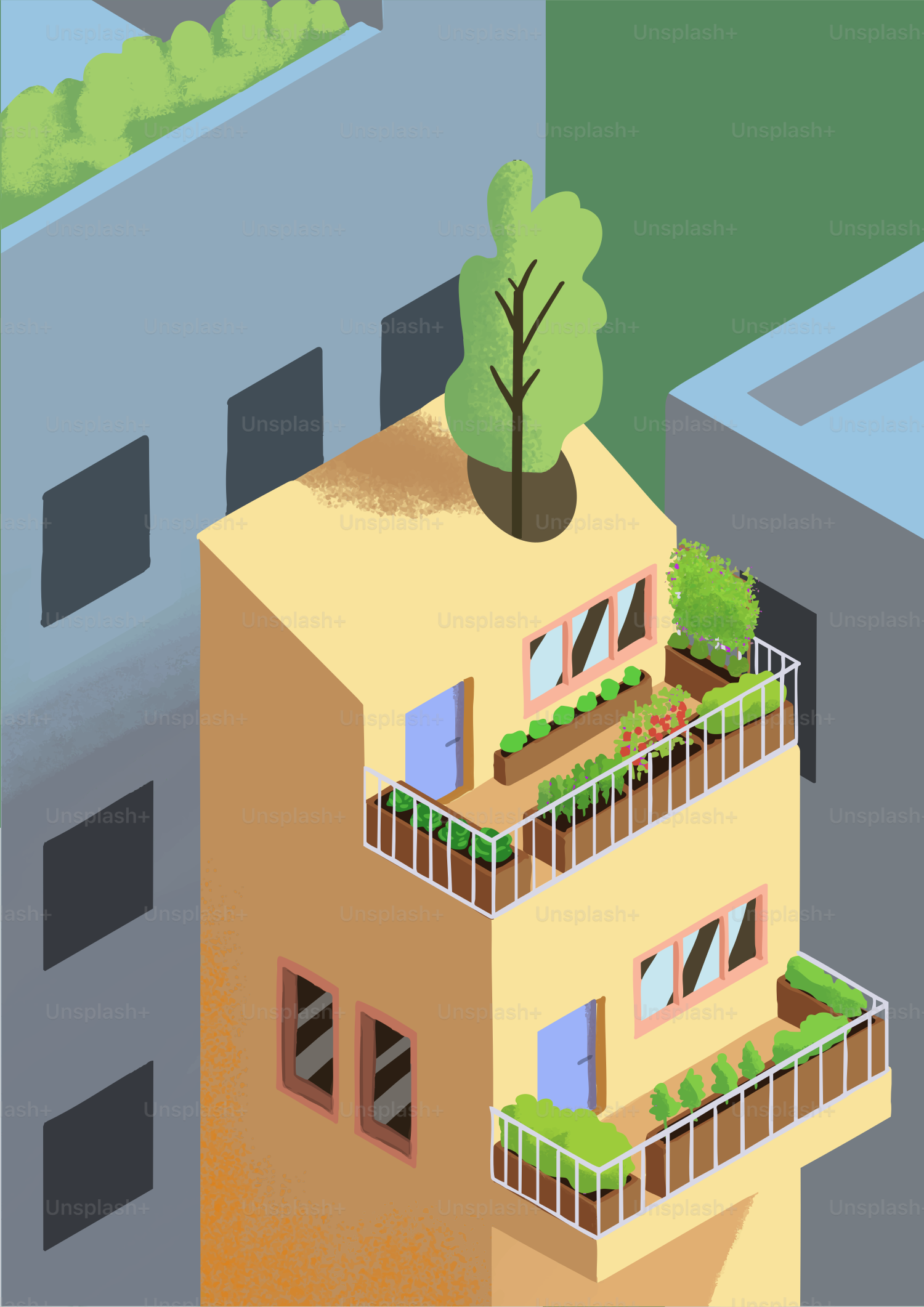 Ein Gebäude mit einem Baum darauf.