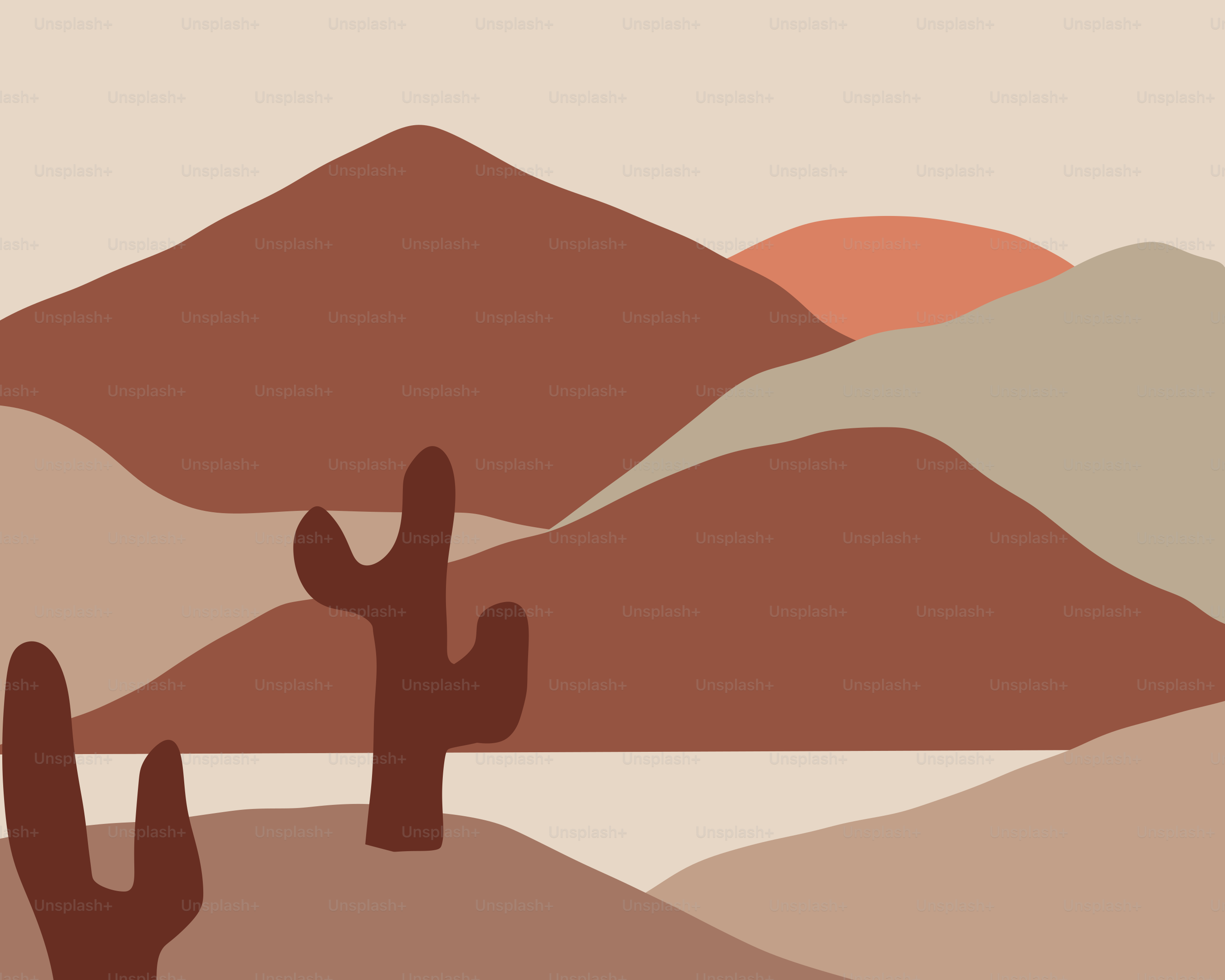 A desert scene with a cactus and mountains in the background