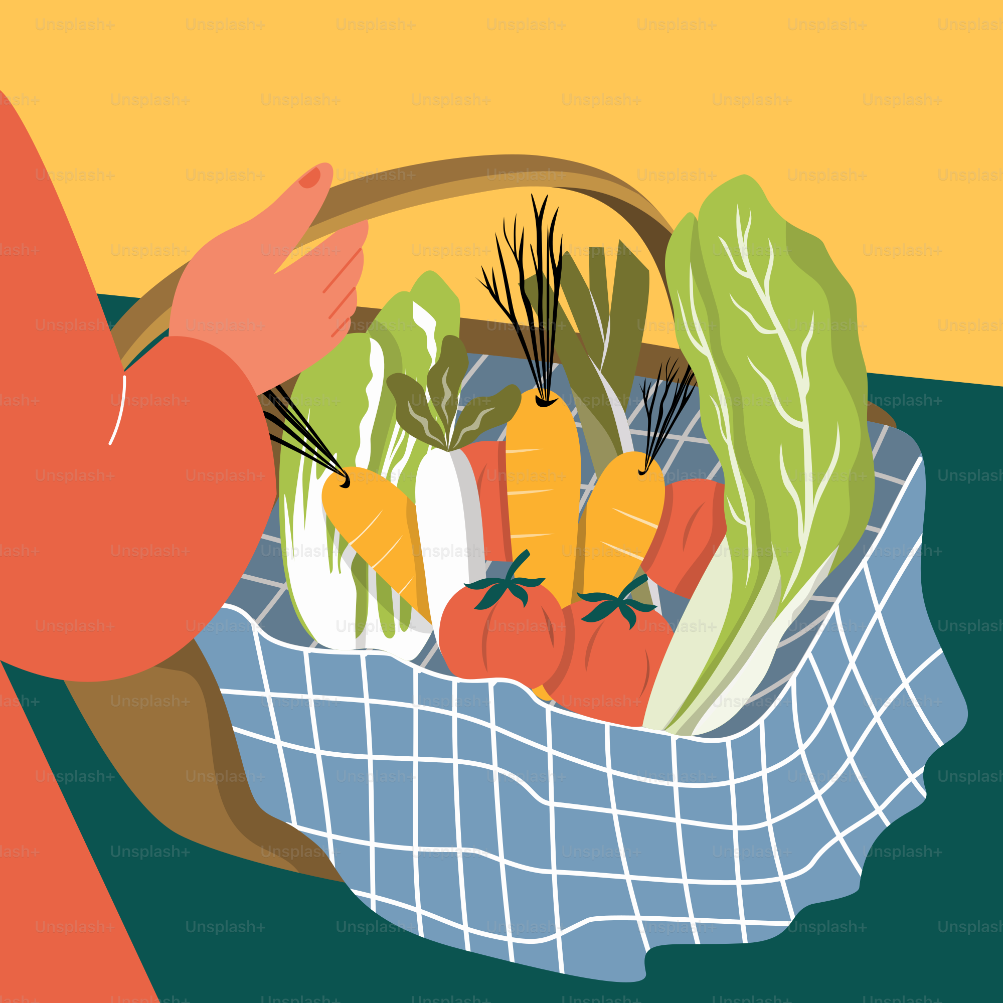 A woman carrying a basket full of vegetables