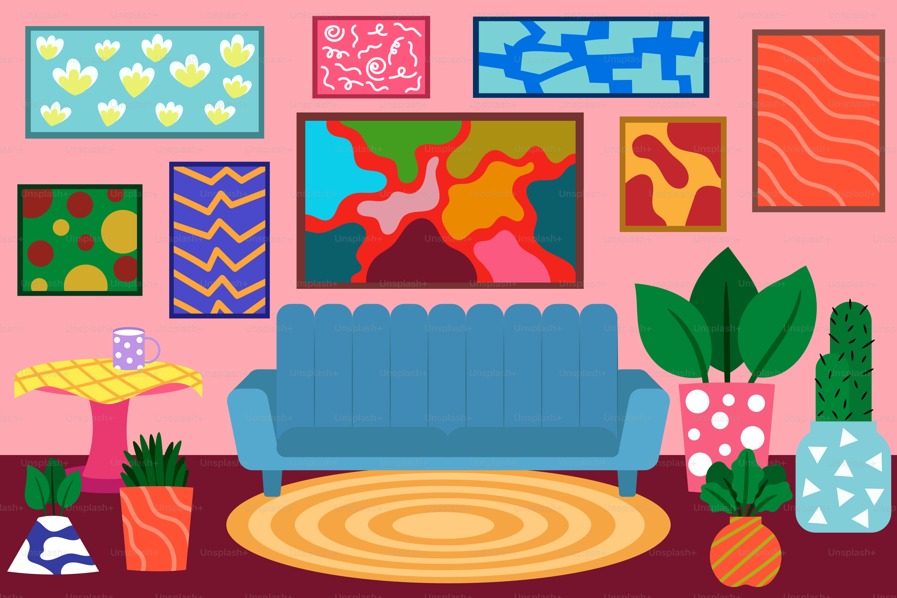 Ruang tamu dengan sofa biru dan lukisan di dinding