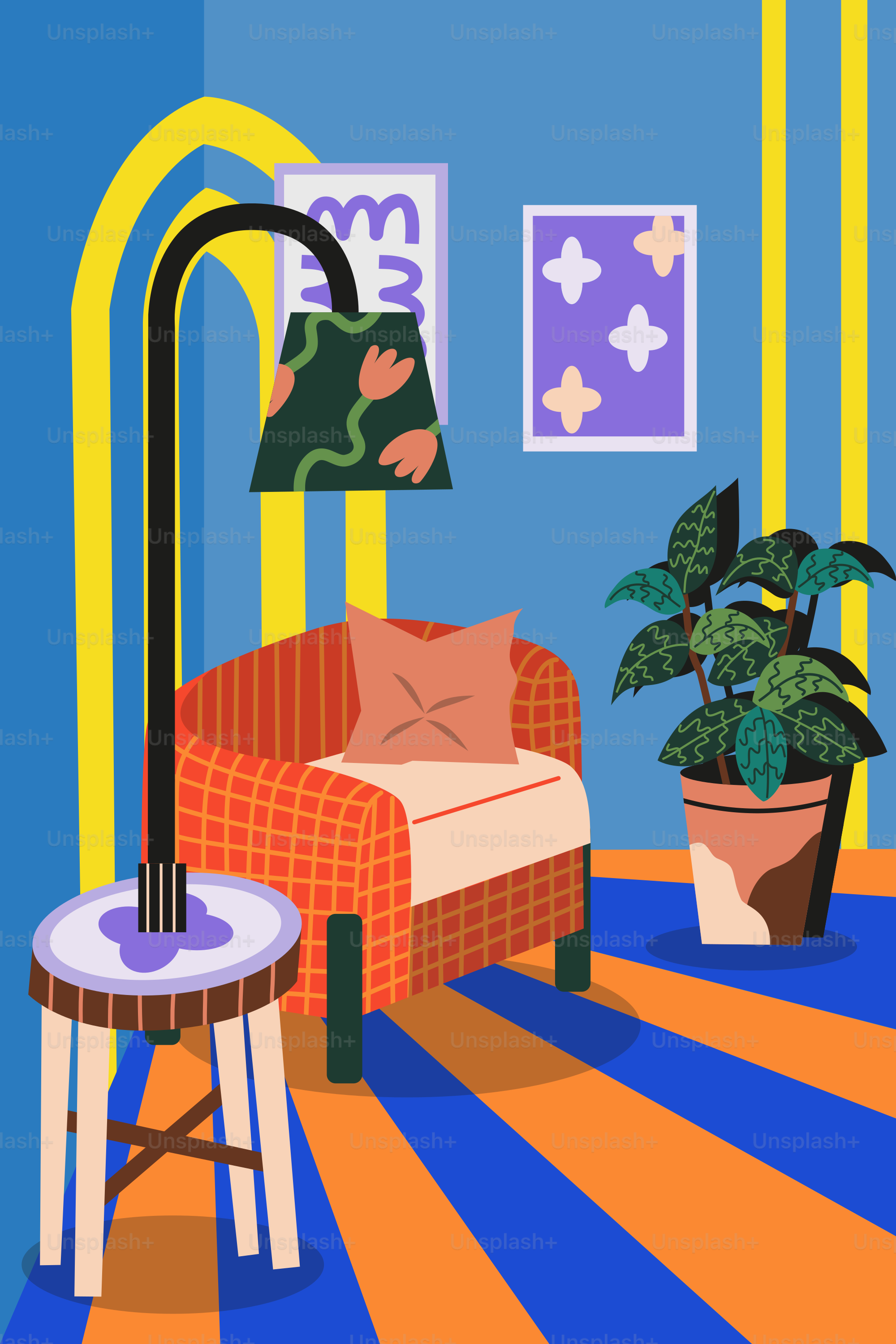 A living room with a couch and a table