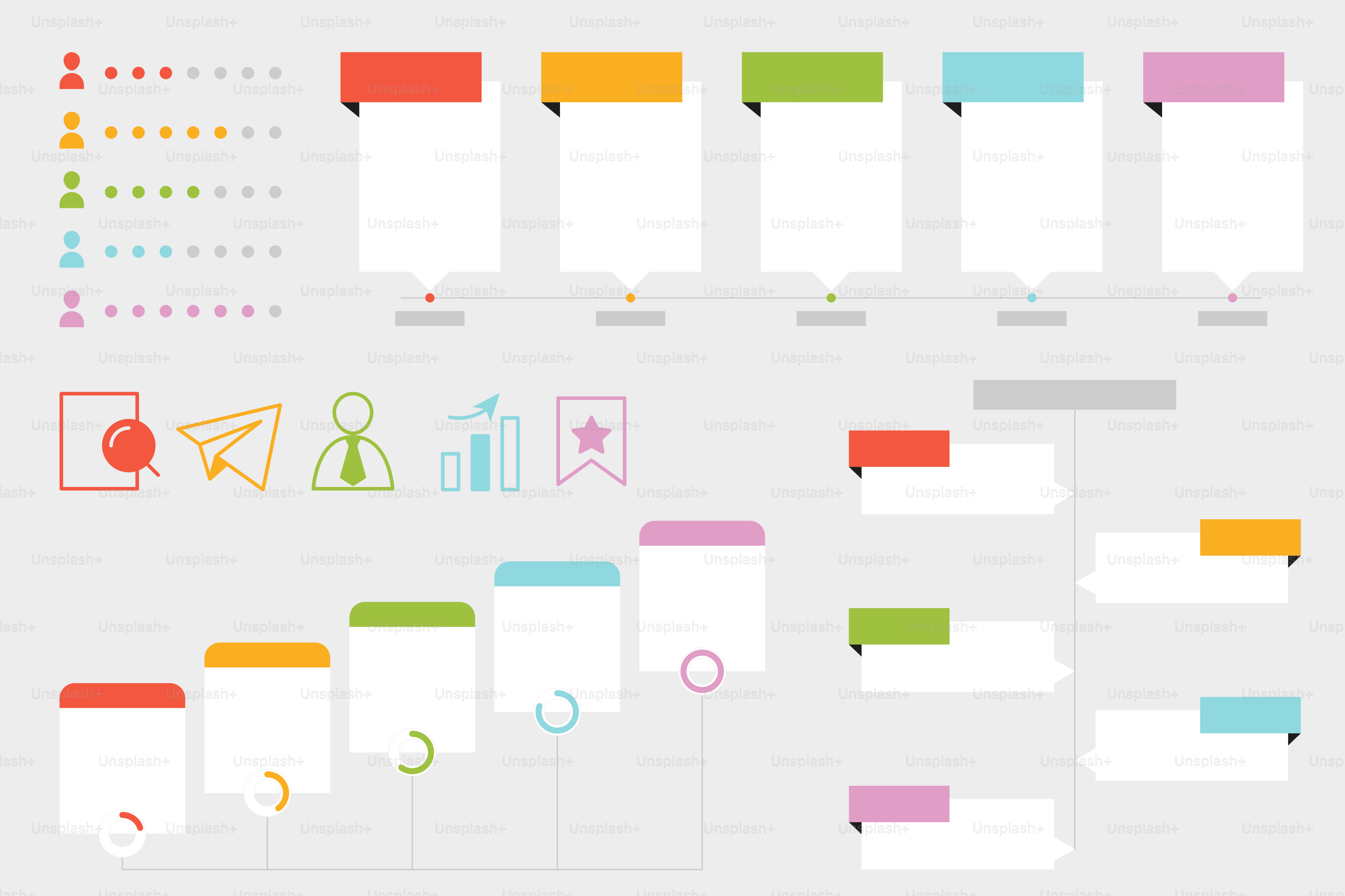 A bunch of different colored papers on a white background