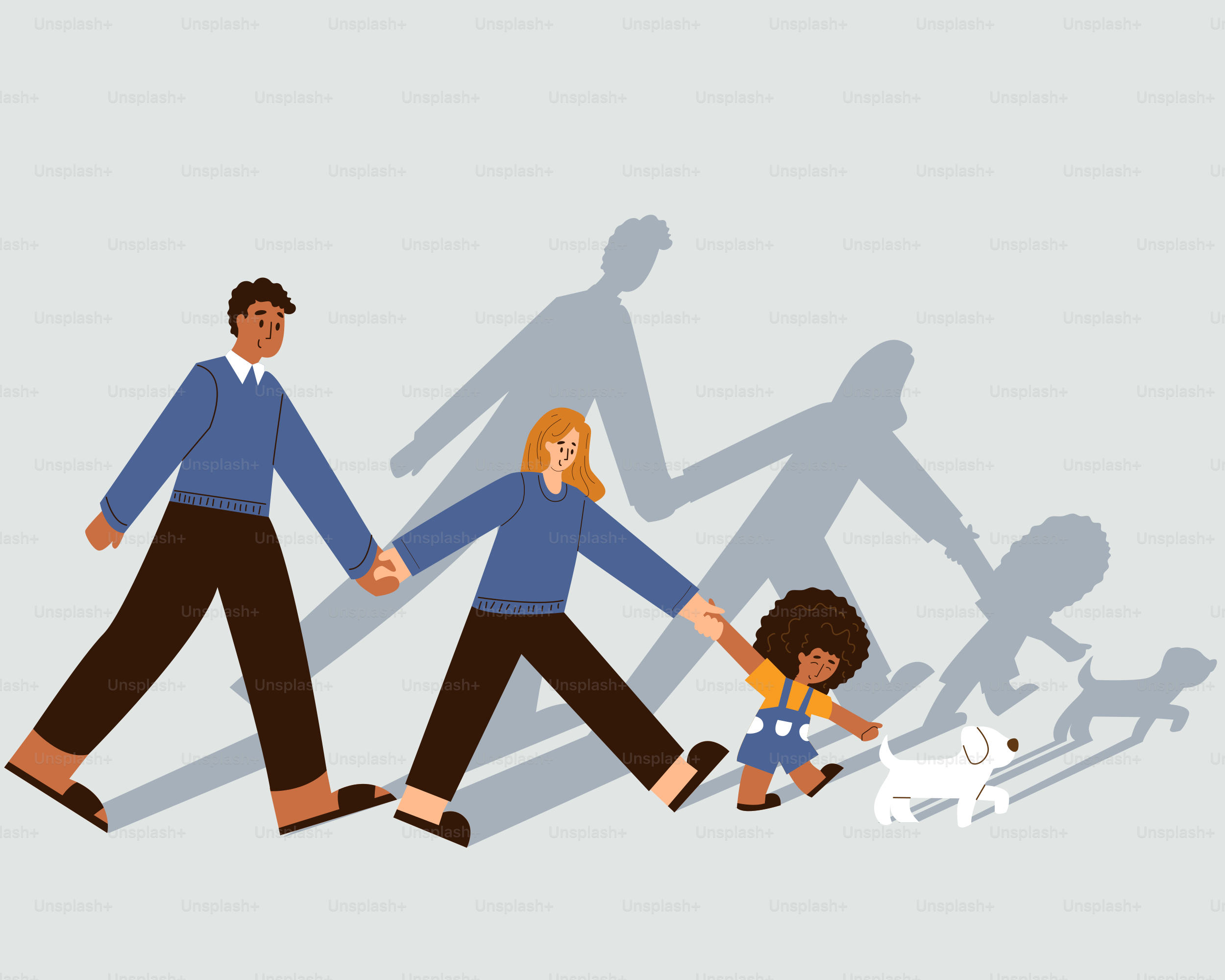 Eine Gruppe von Menschen, die Händchen halten und mit einem Hund spazieren gehen gehen