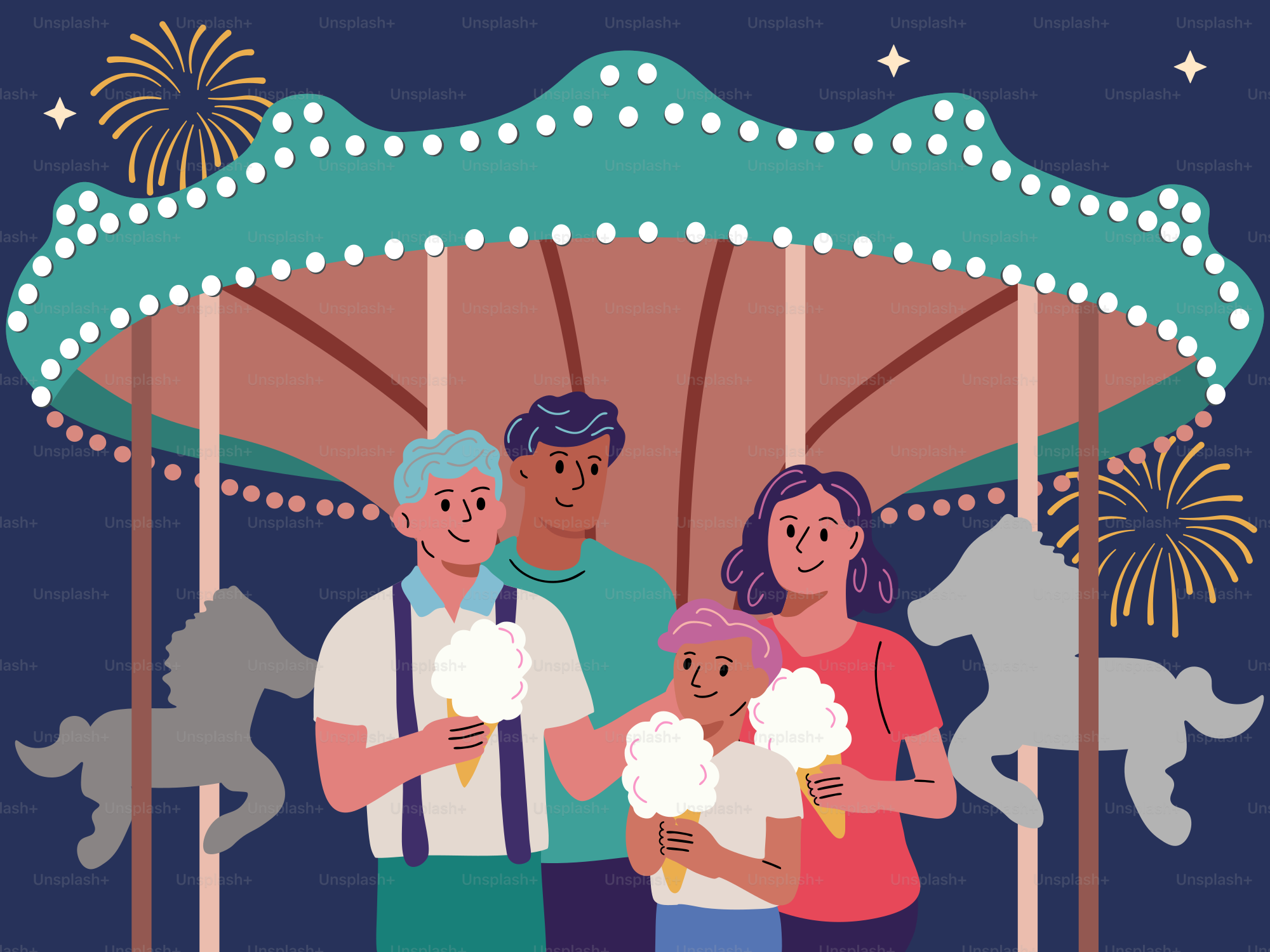 A family standing under a merry go round