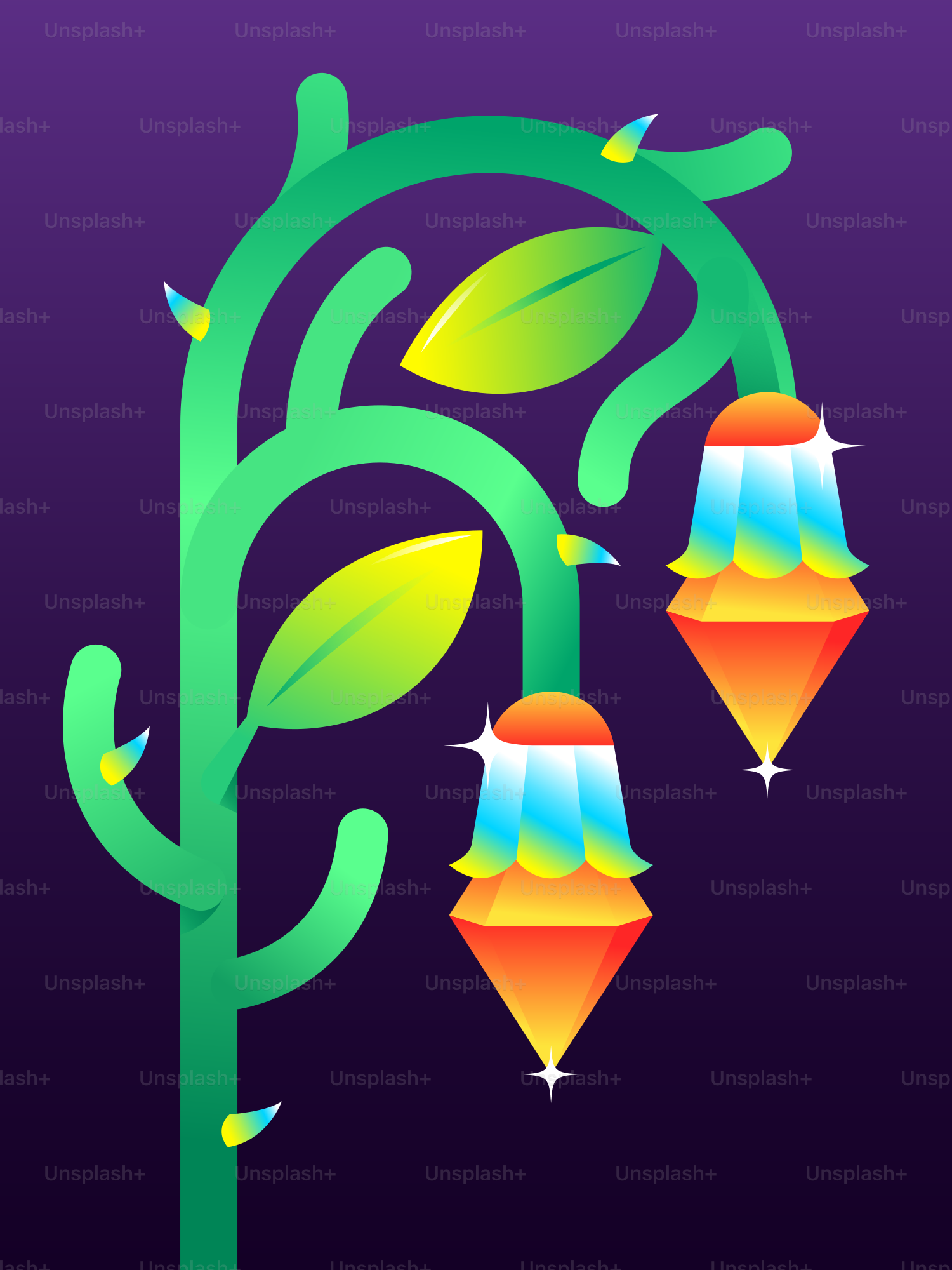 A green plant with three lights hanging from it
