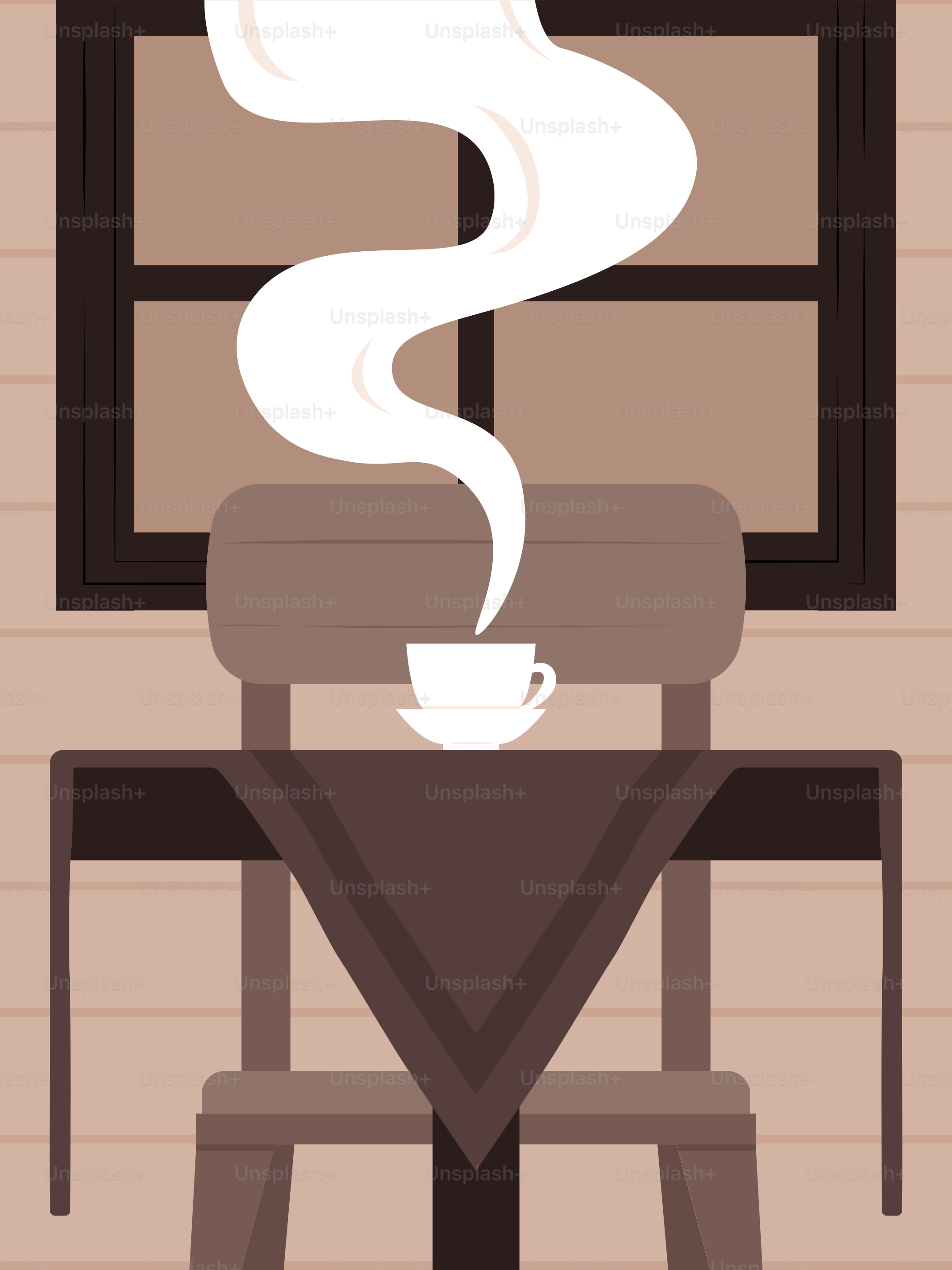 A table with a chair and a cup of coffee