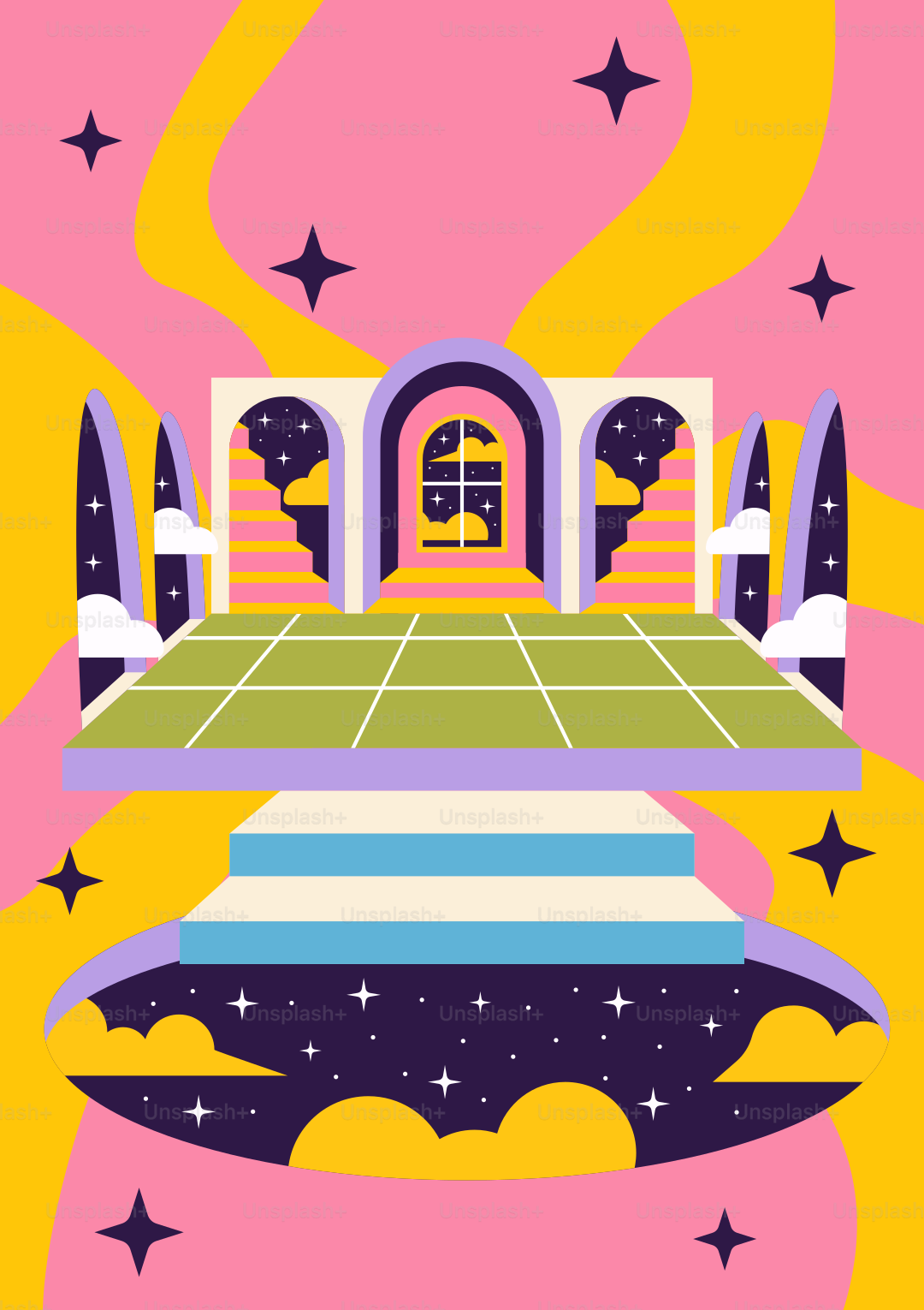 A poster of a tennis court surrounded by stars