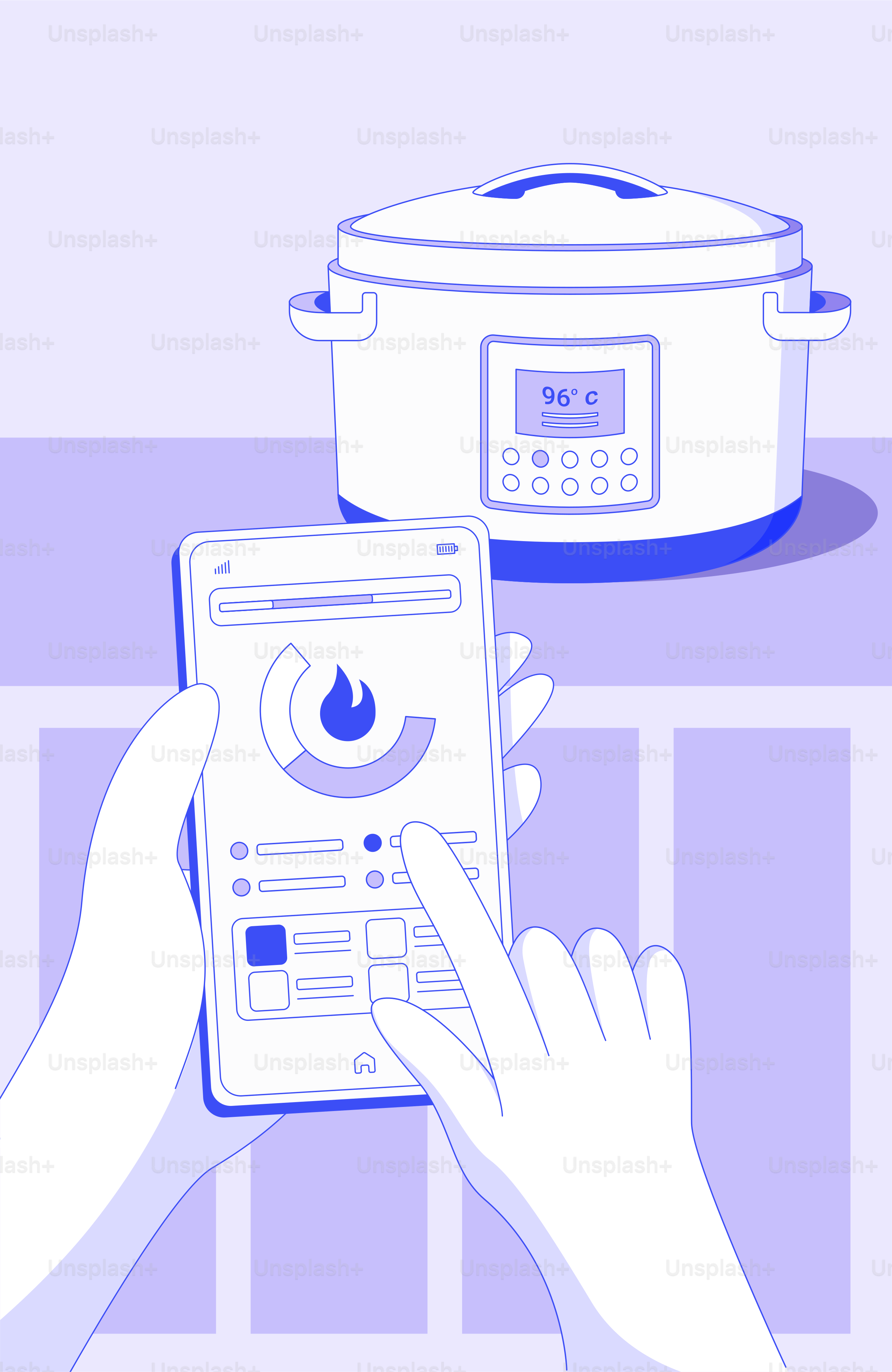 Eine Person, die ein Telefon neben einem Kochtopf hält