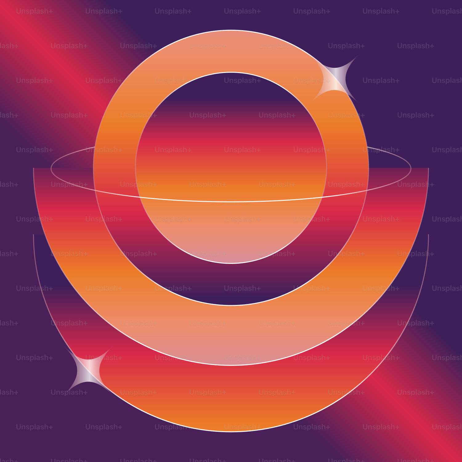 A red and orange logo on a purple background