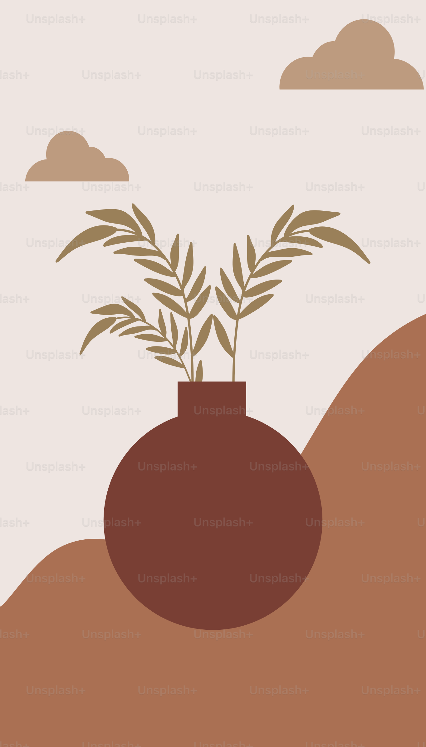 A vase with a plant in it sitting on a hill