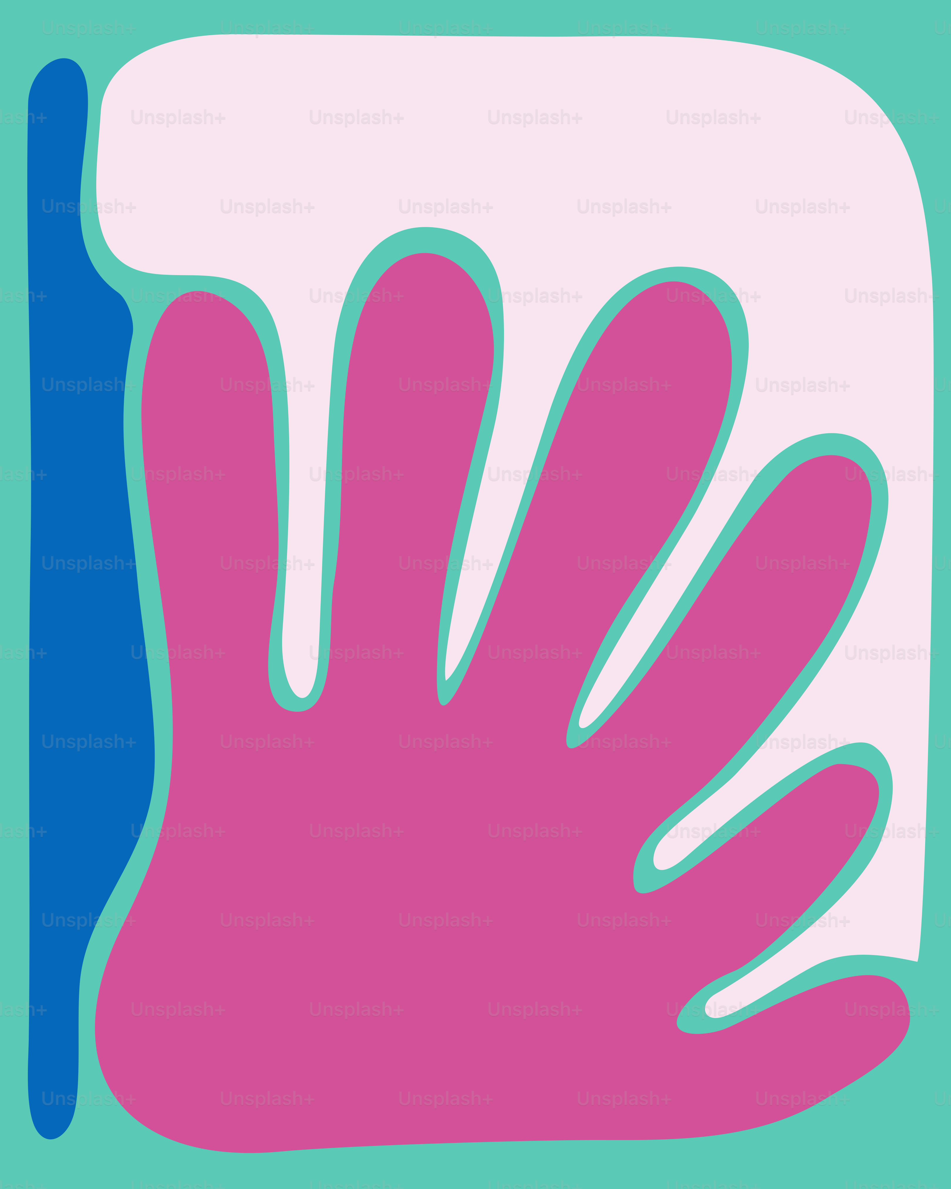 A pink and blue hand on a green background