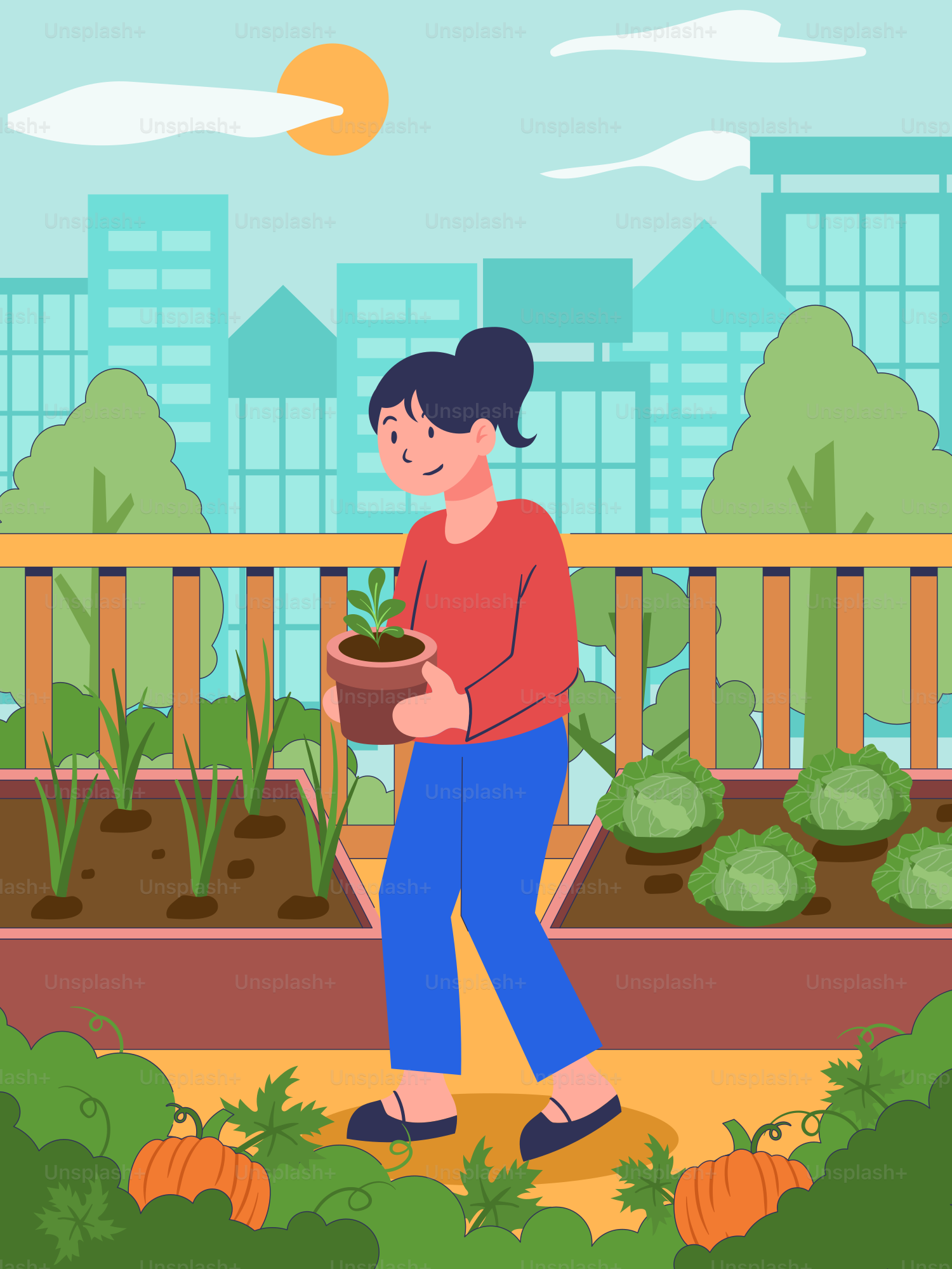 Eine Frau, die eine Topfpflanze in einem Garten hält