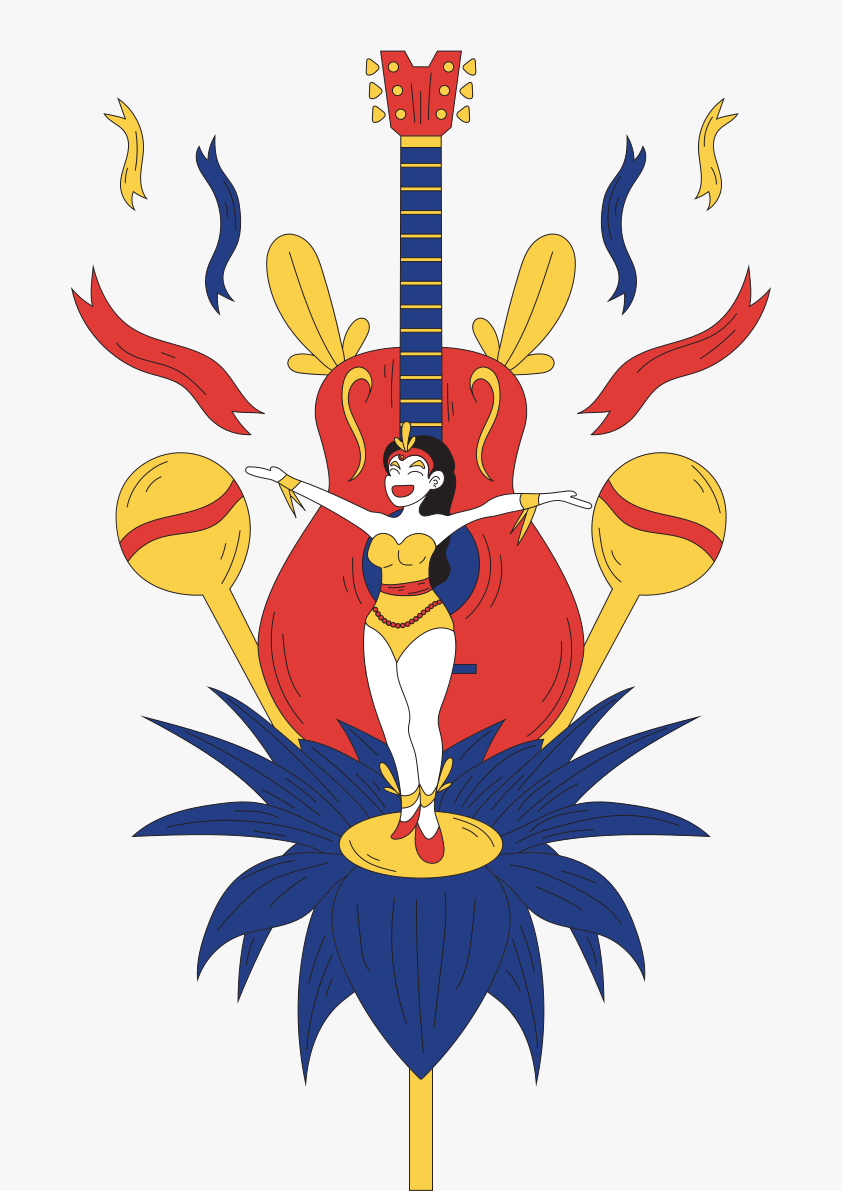 Une femme debout sur une guitare bleue et jaune