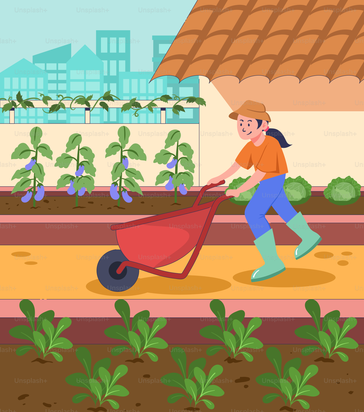 Eine Person, die eine Schubkarre im Garten schiebt