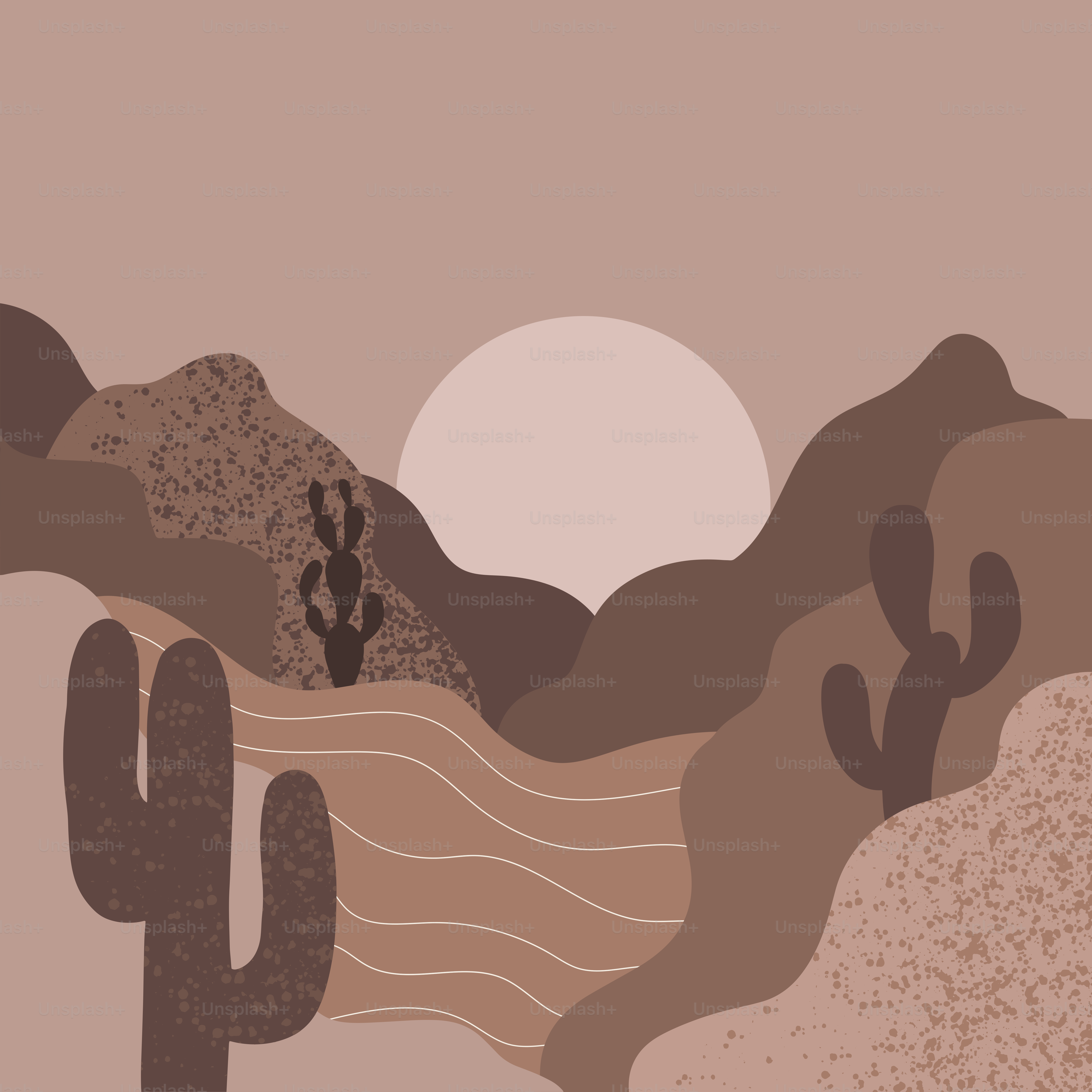 A desert scene with cactus trees and mountains