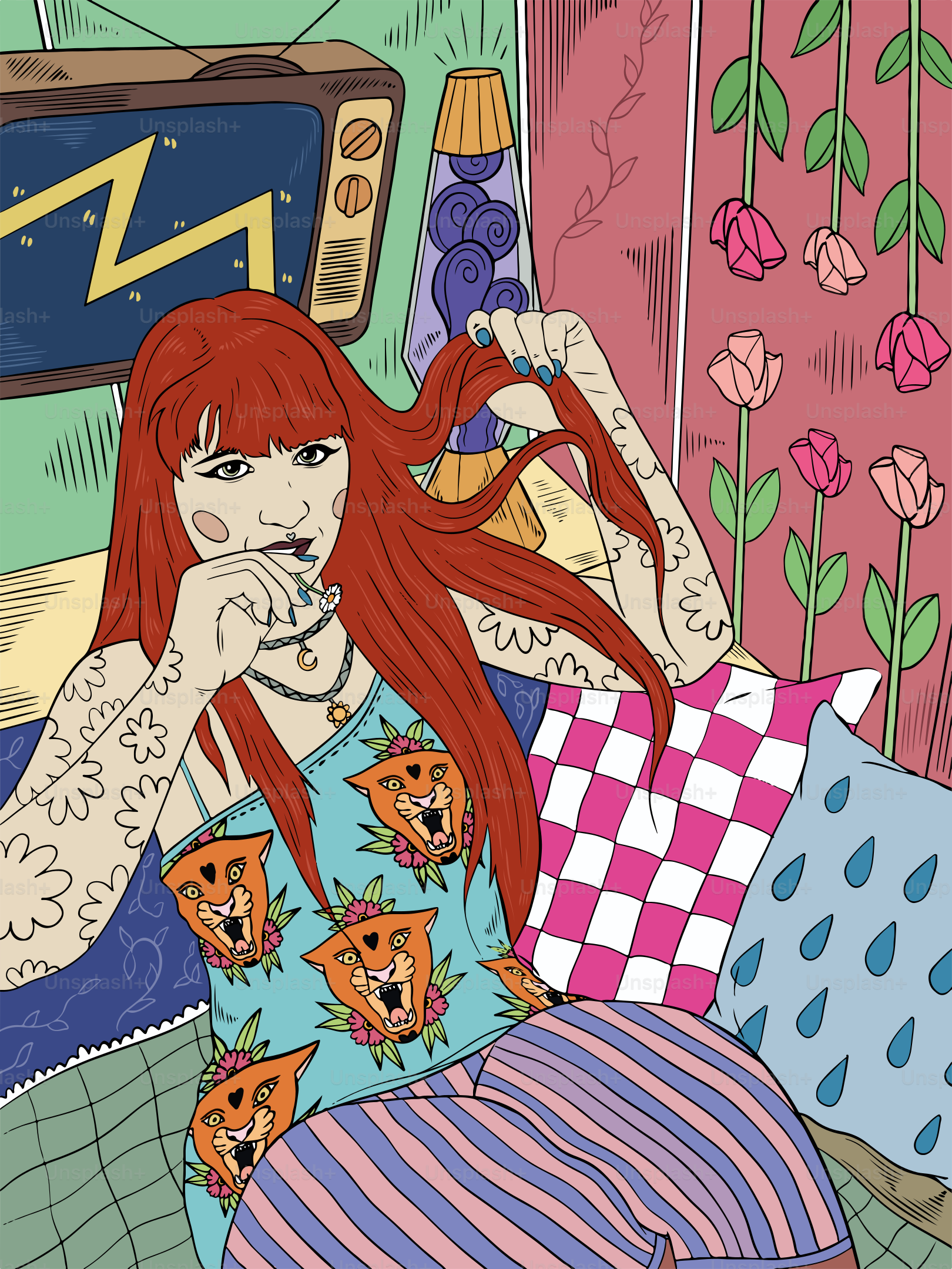 A woman with red hair sitting on a bed