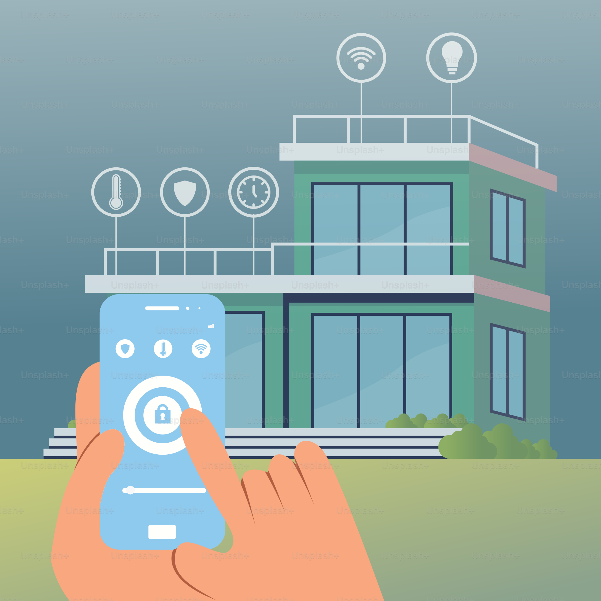 A hand holding a smart phone in front of a building