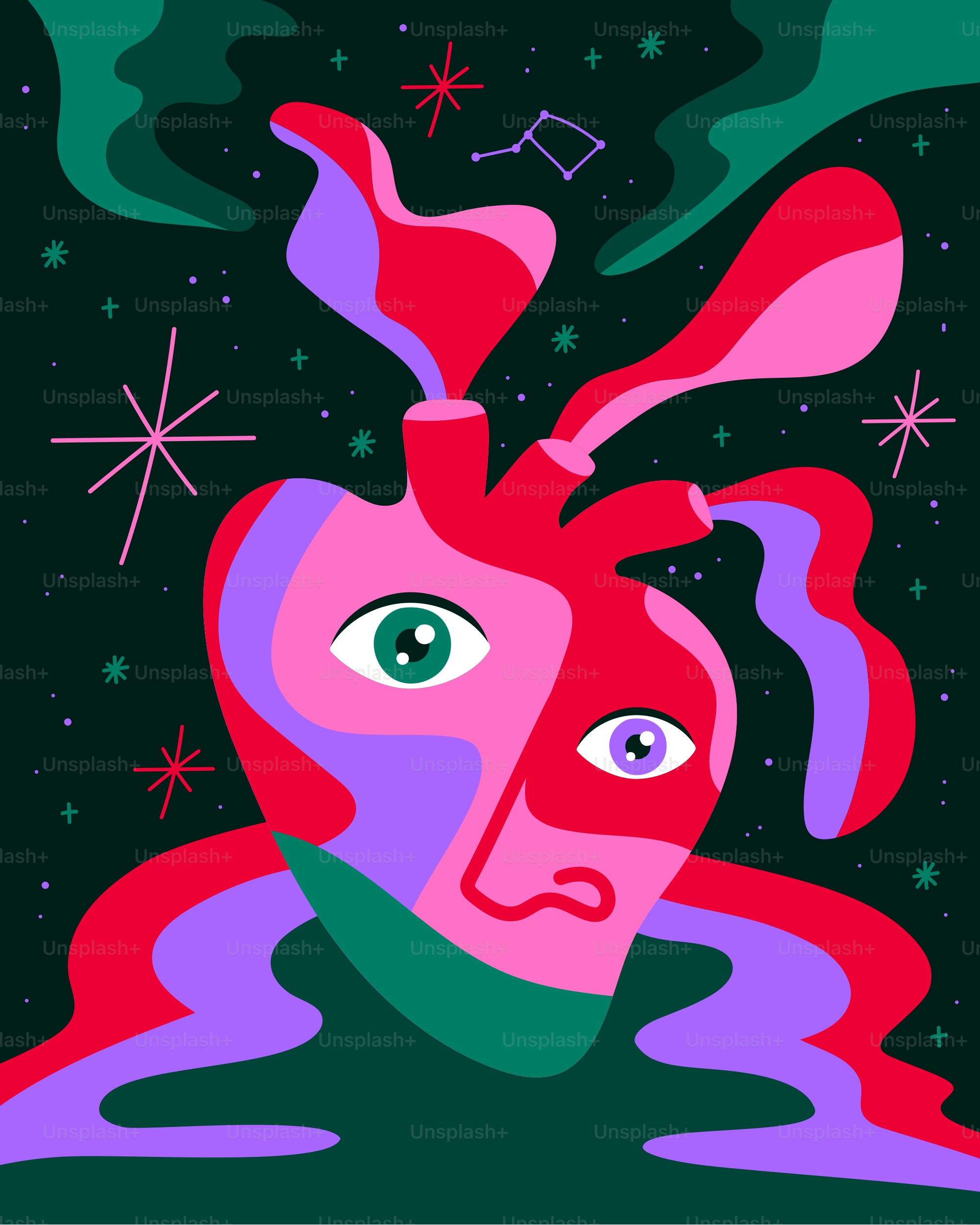 A painting of a woman's face with stars in the background