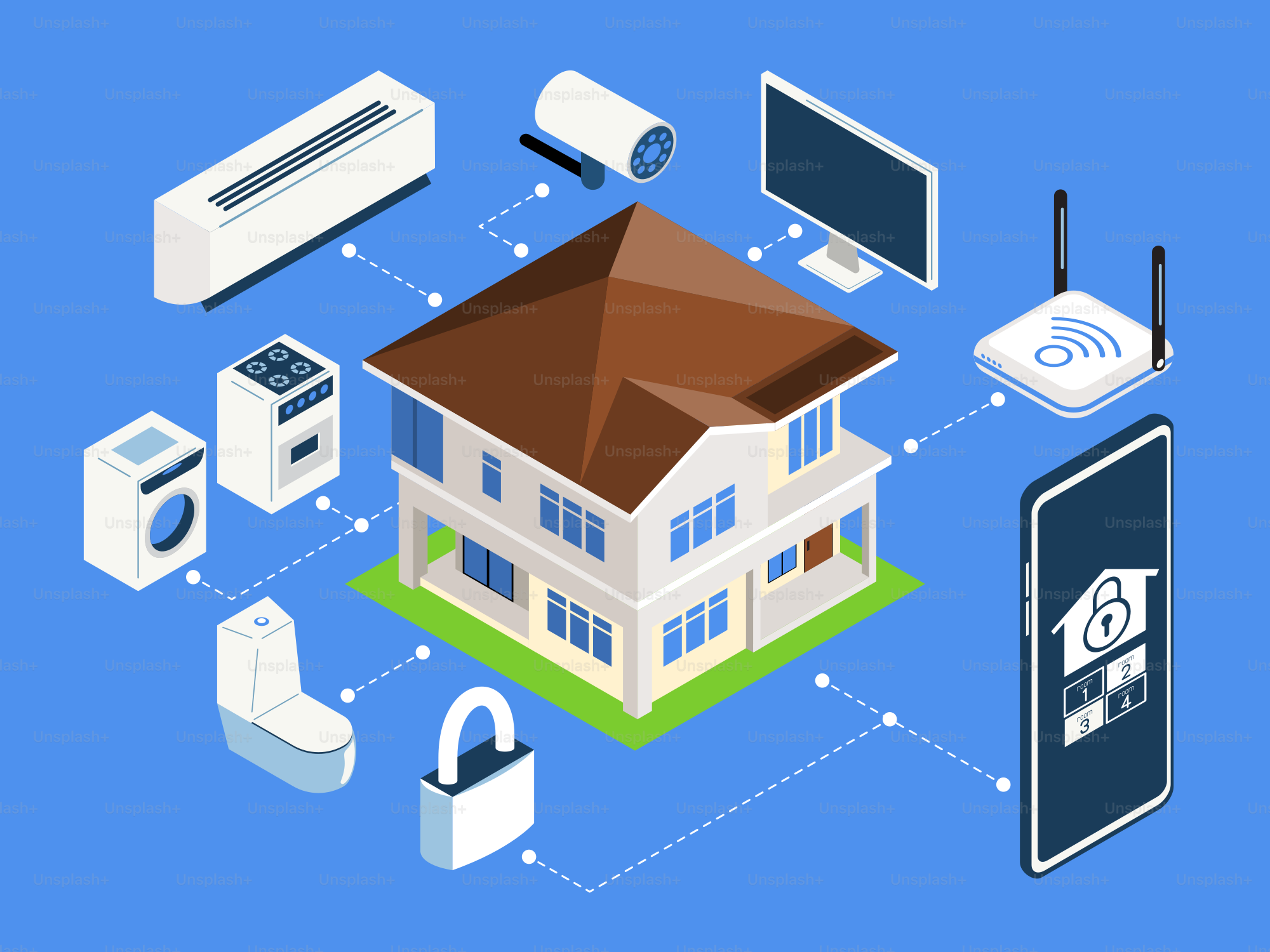 Una casa rodeada de diversos dispositivos y artilugios