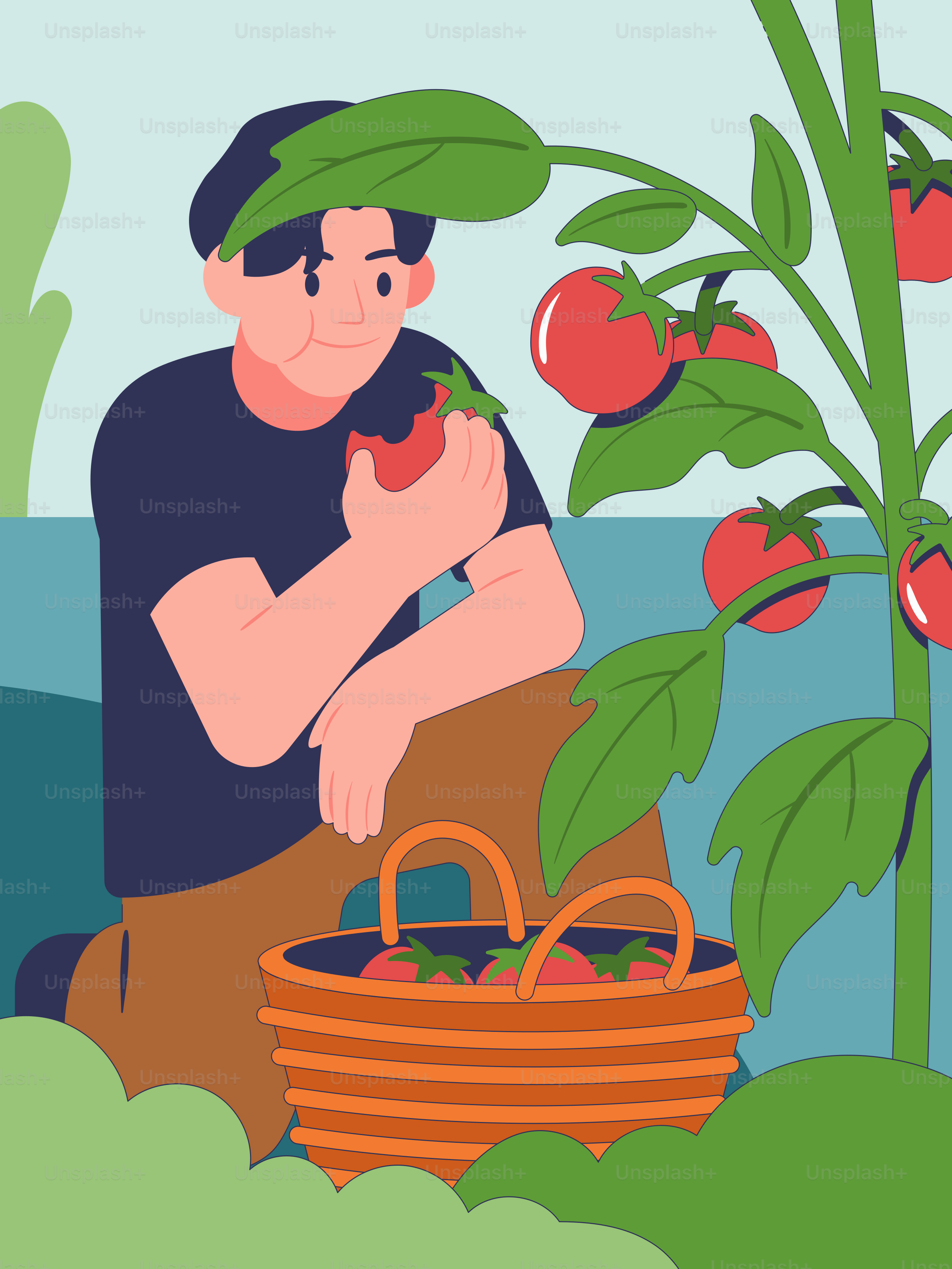 Ein Mann, der neben einem Obstkorb kniet