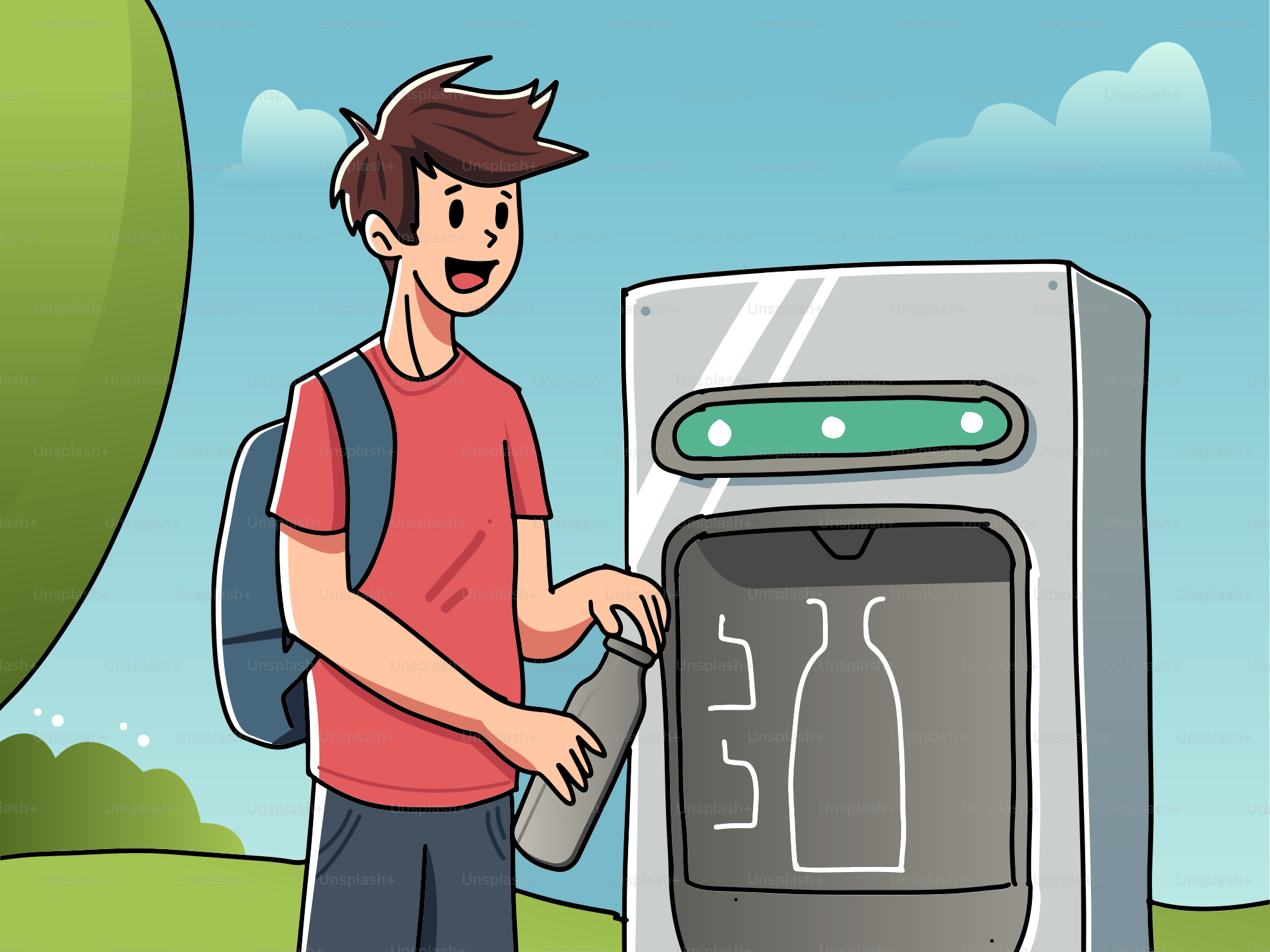 A man with a backpack is using a computer