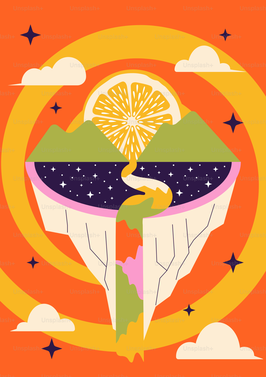 An orange background with a picture of a mountain and fireworks