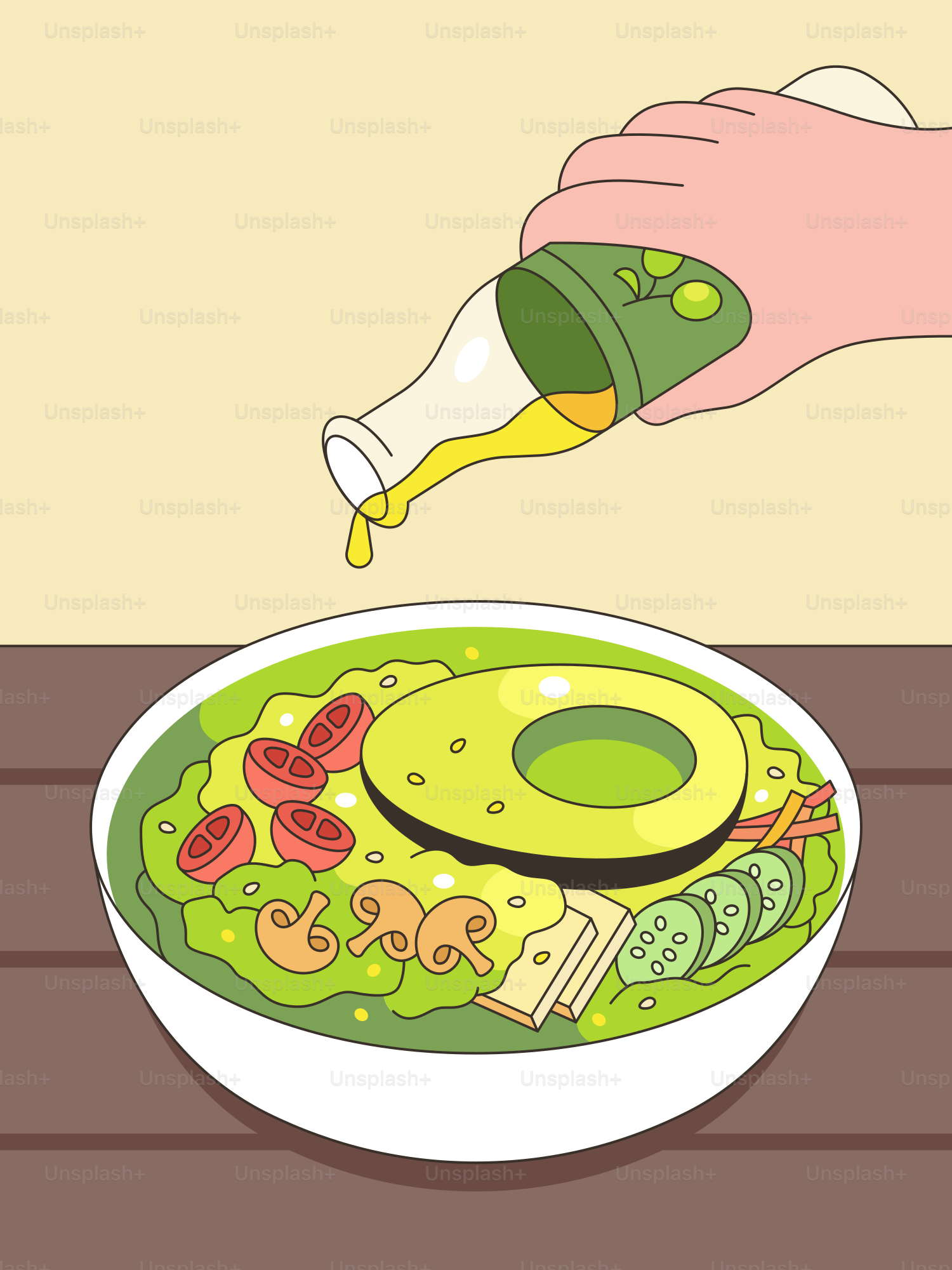 A person pouring dressing into a bowl of food