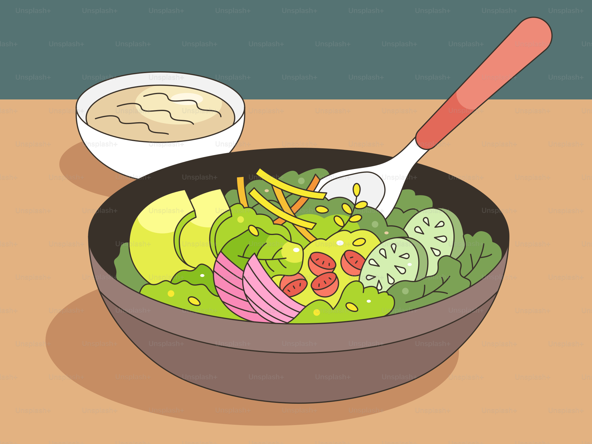 A bowl of salad and a bowl of soup on a table