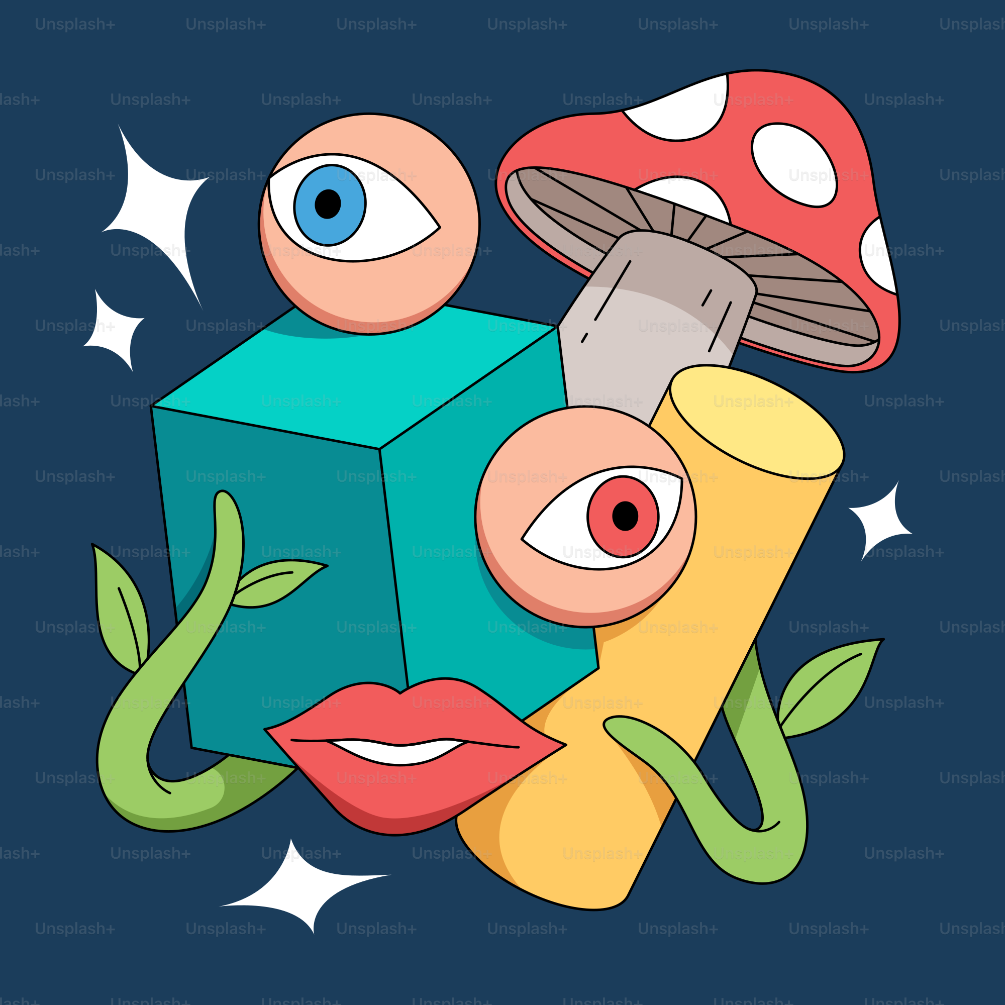 Un fond bleu avec l’image d’un champignon et deux yeux