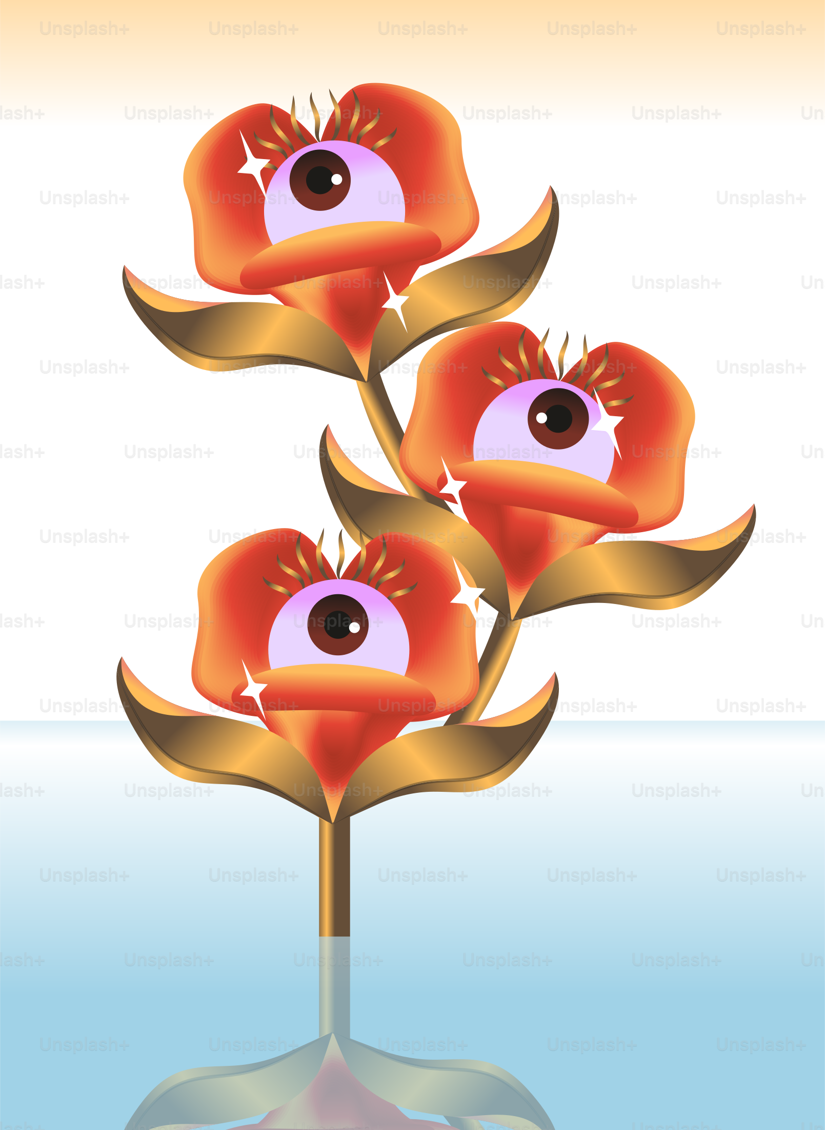 A red flower with two eyes on it