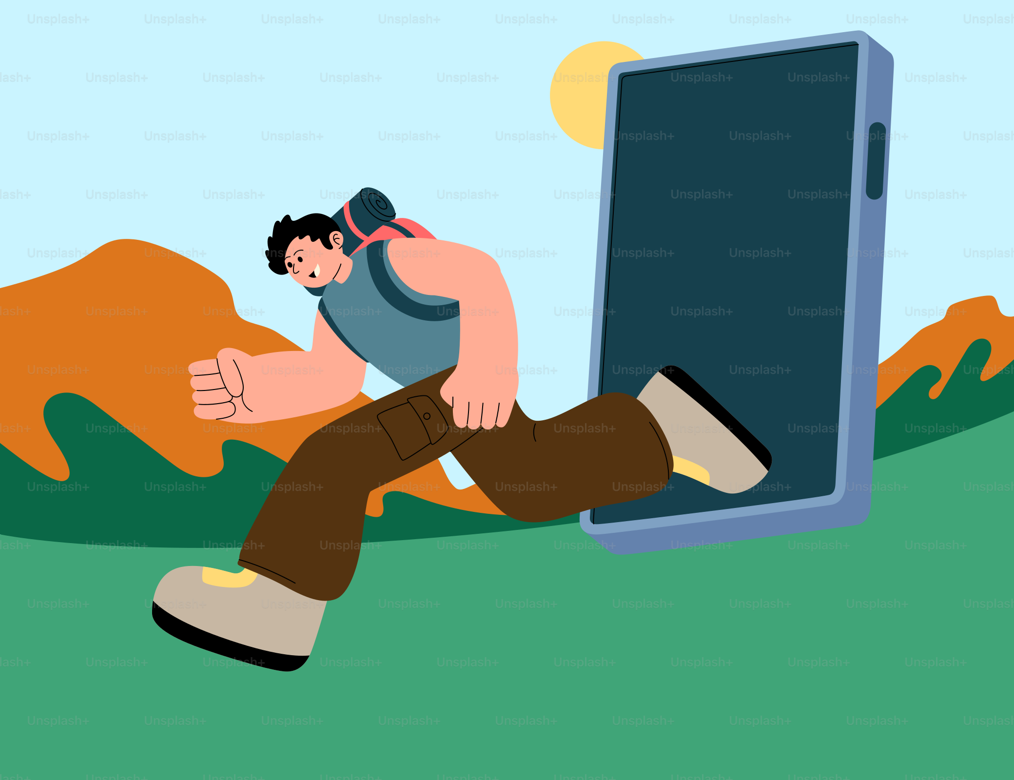 A man with a backpack is sitting on a laptop