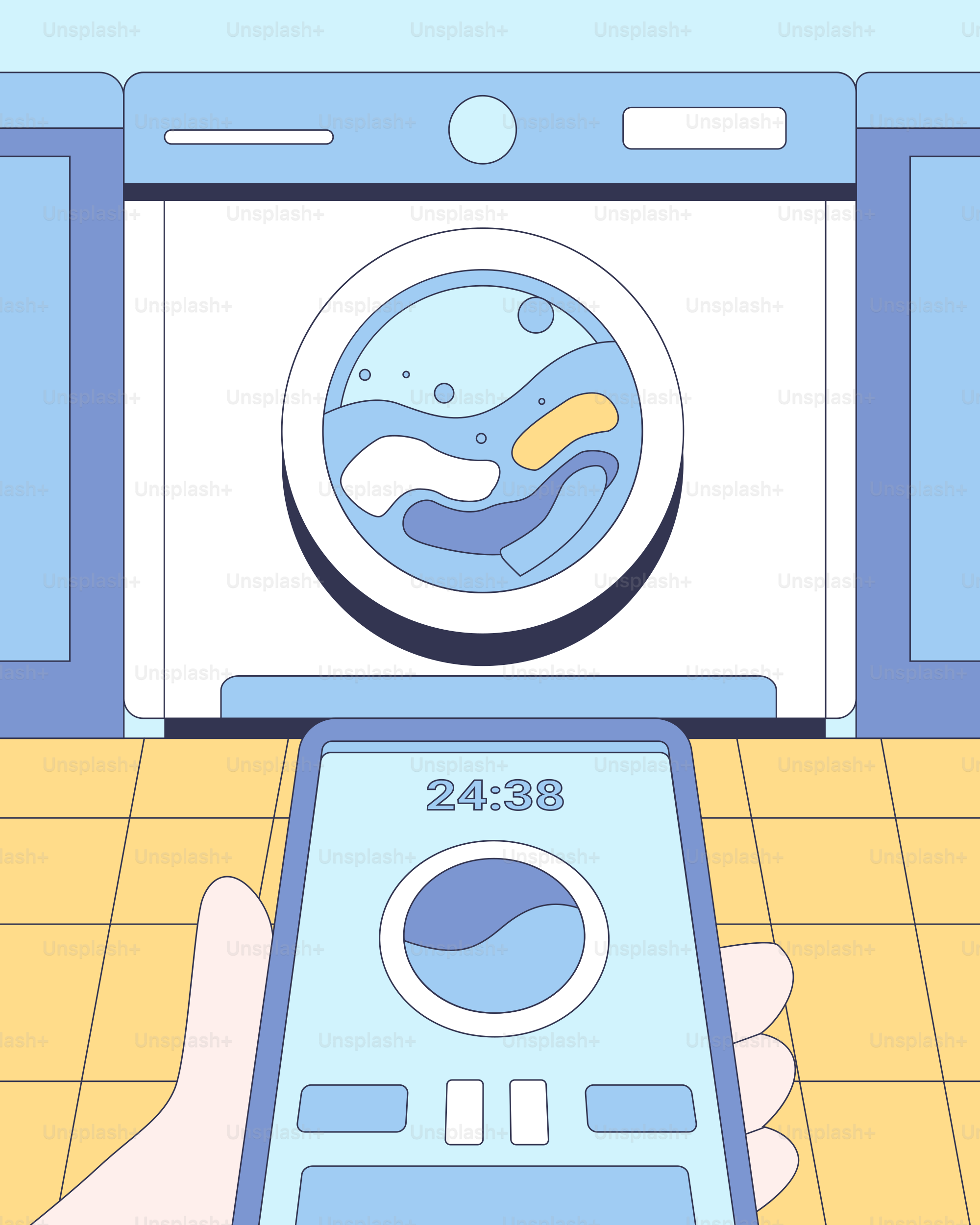 A hand holding a phone with a washing machine in the background