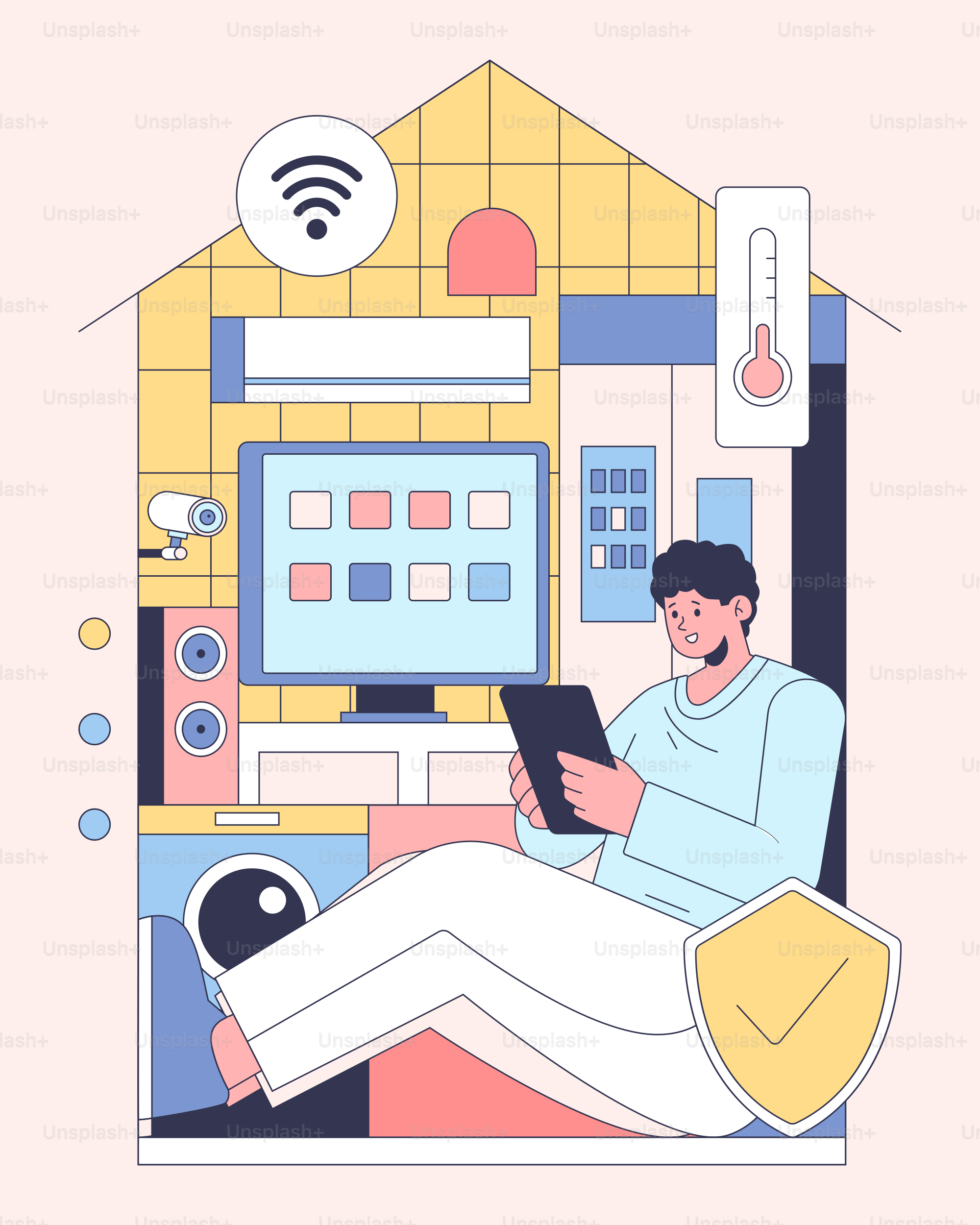 Ein Mann sitzt mit einem Tablet auf einem Stuhl