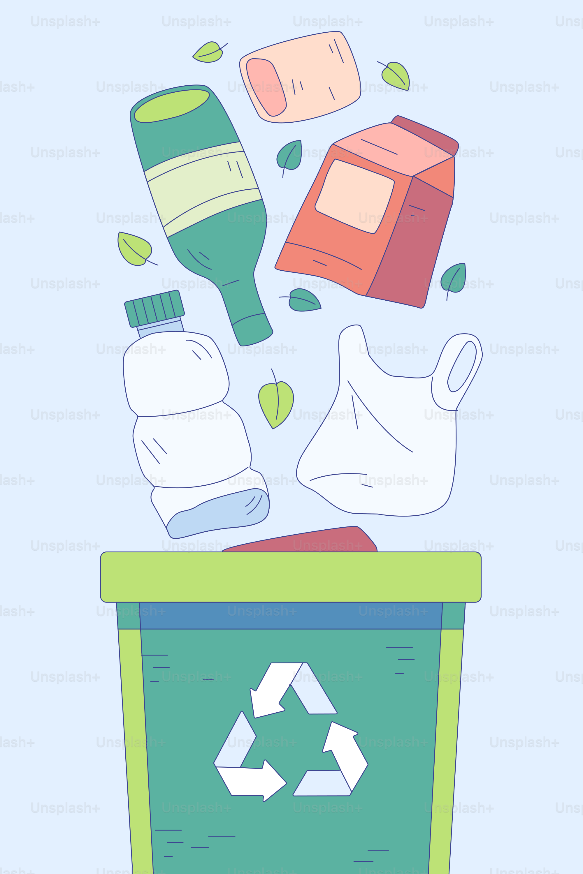 Uma lixeira com reciclagem e garrafas voando para fora