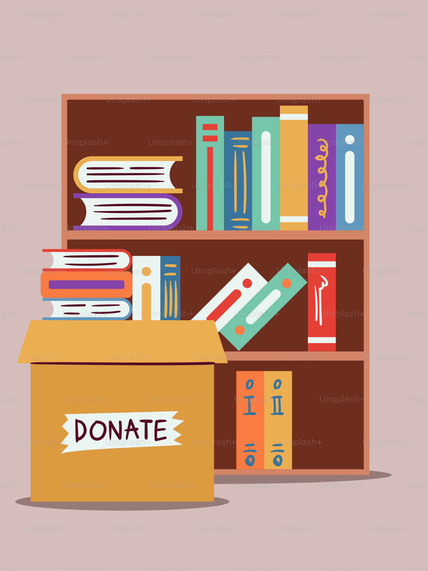 A bookcase with books and a donation box