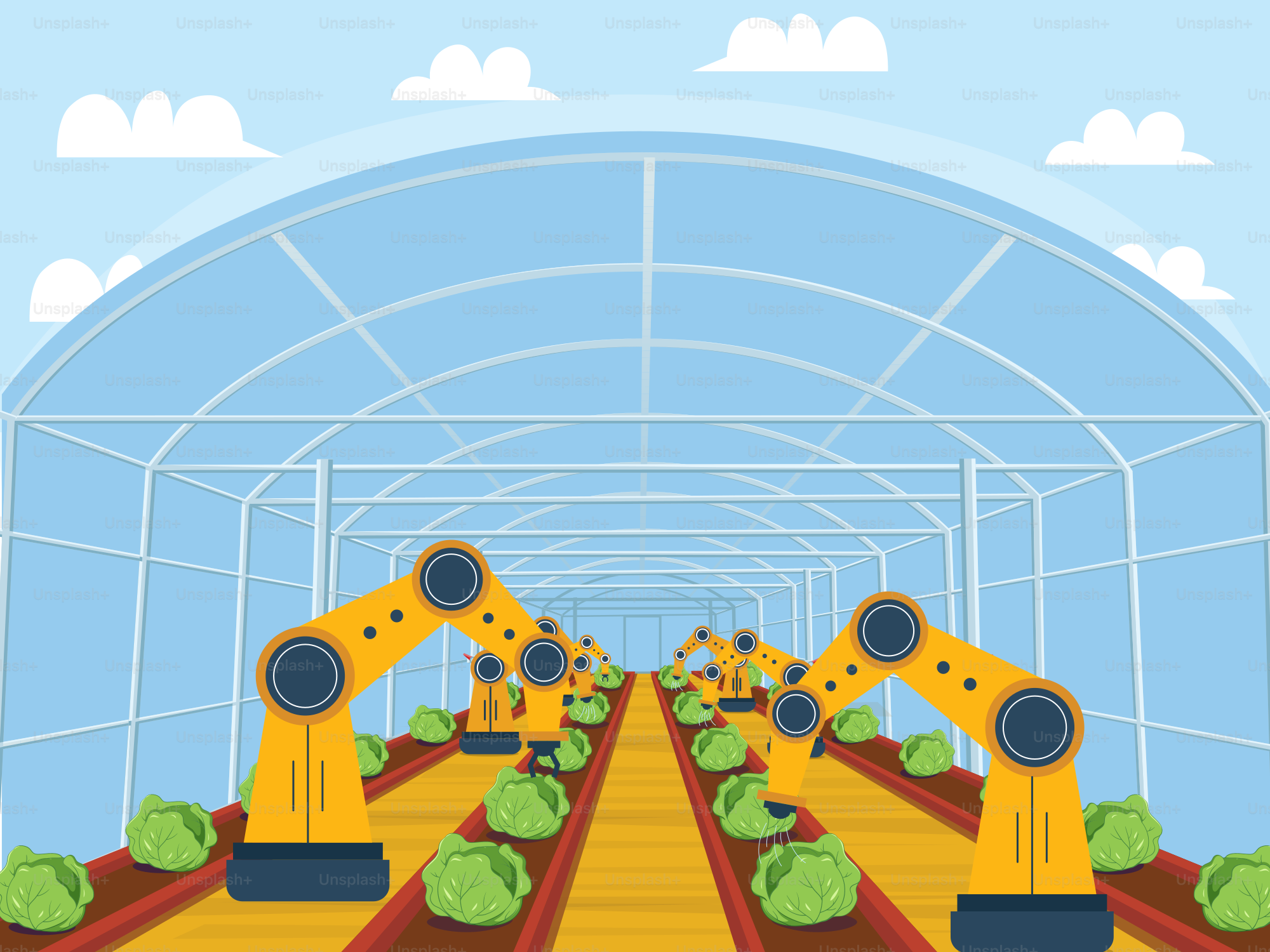 A group of robots working in a greenhouse