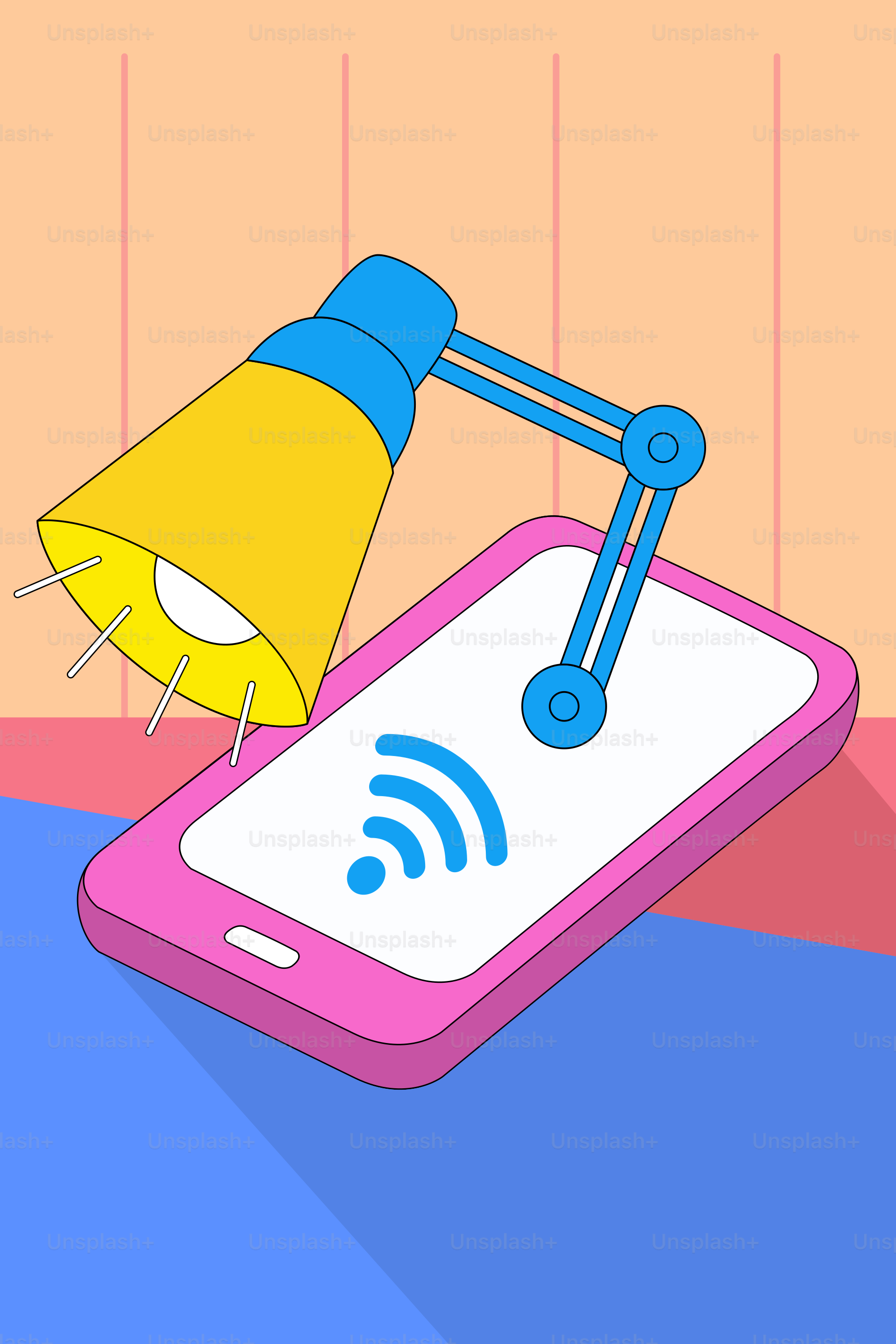 Un teléfono con una lámpara encima