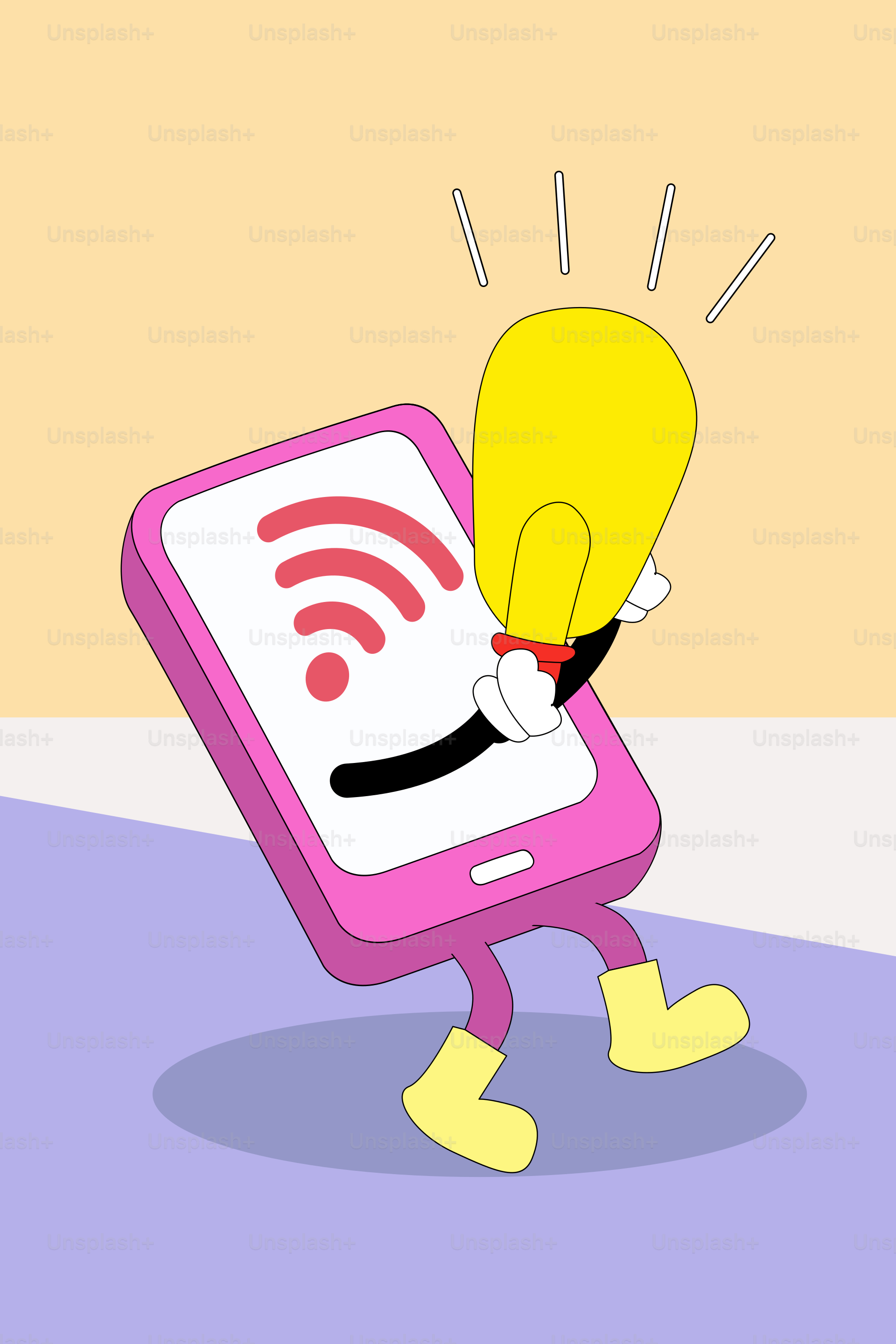 A cartoon character holding a smart phone with a light bulb on it