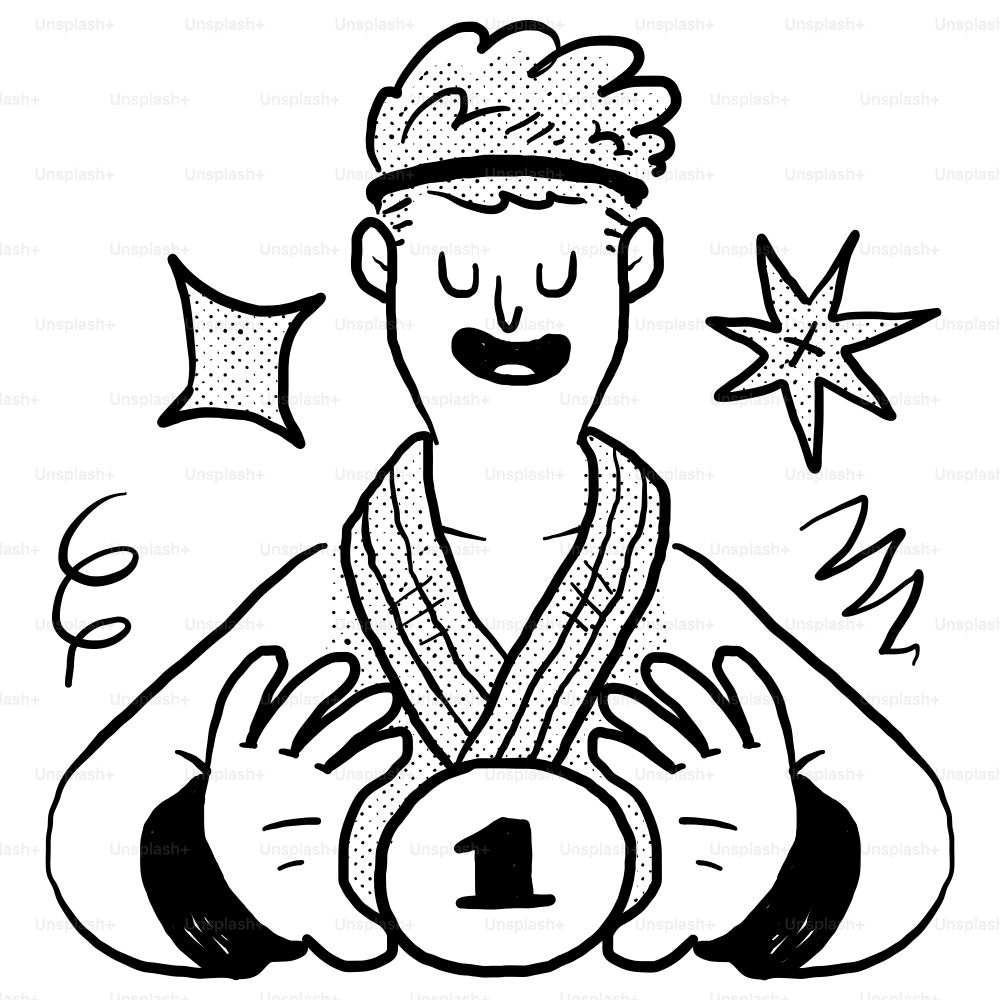 A black and white drawing of a man holding a coin