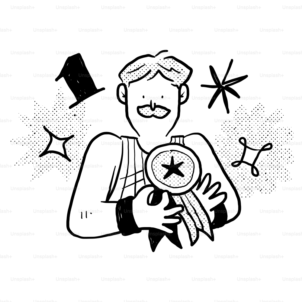 A black and white drawing of a man holding a clock