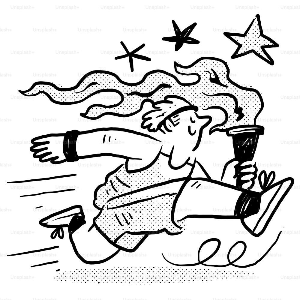 A black and white drawing of a man running