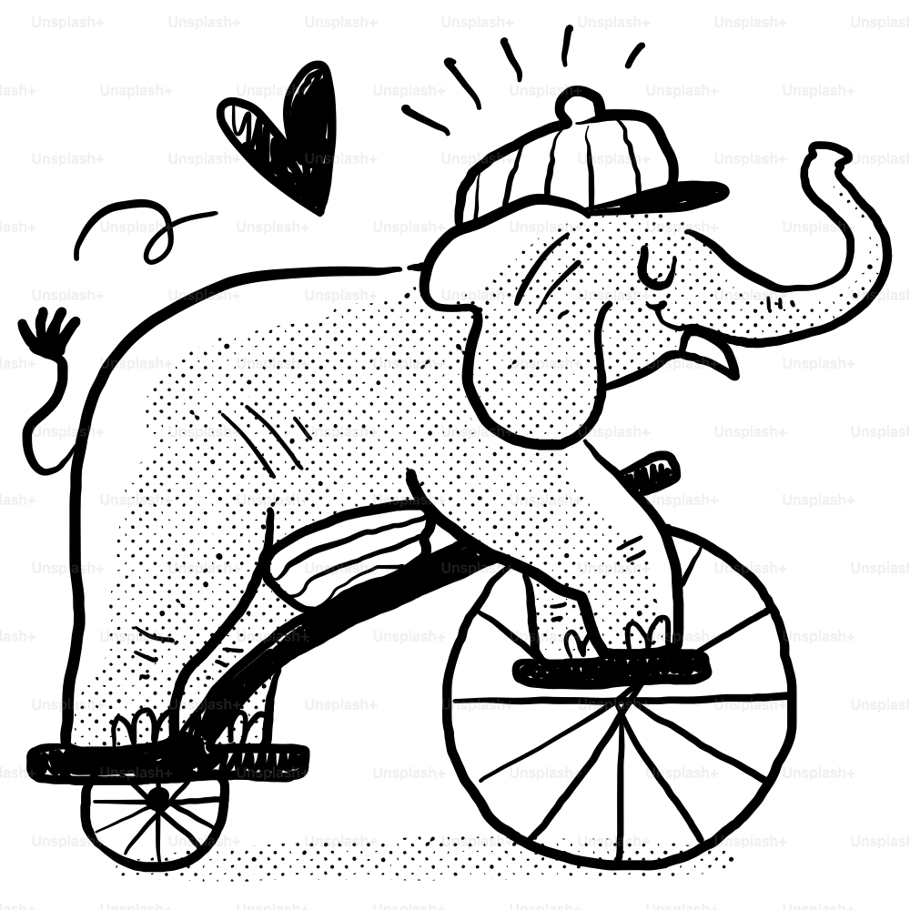 A drawing of an elephant riding a tricycle